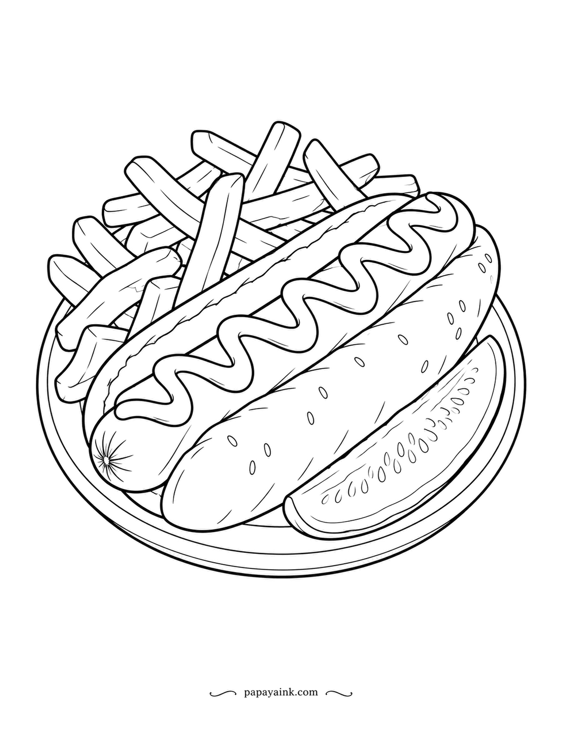 Food Coloring Pages - Mustard zigzag over a hot dog in a soft bun, a heap of fries behind it and a pickle spear in front. Tan bun, reddish sausage, a stripe of mustard: the fastest one on this list to finish.