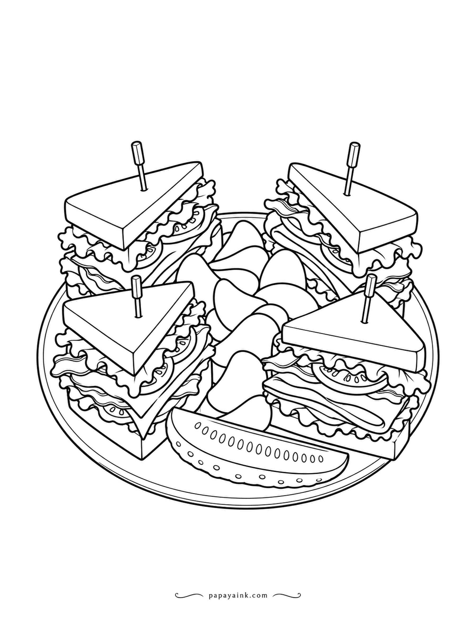 Food Coloring Pages - Four quarters of a club sandwich, each held by a toothpick, with potato chips piled in the middle and a pickle spear in front. Toasted bread, lettuce, tomato and stacked meat - a page for people who like to color a lot of edges. Detailed.
