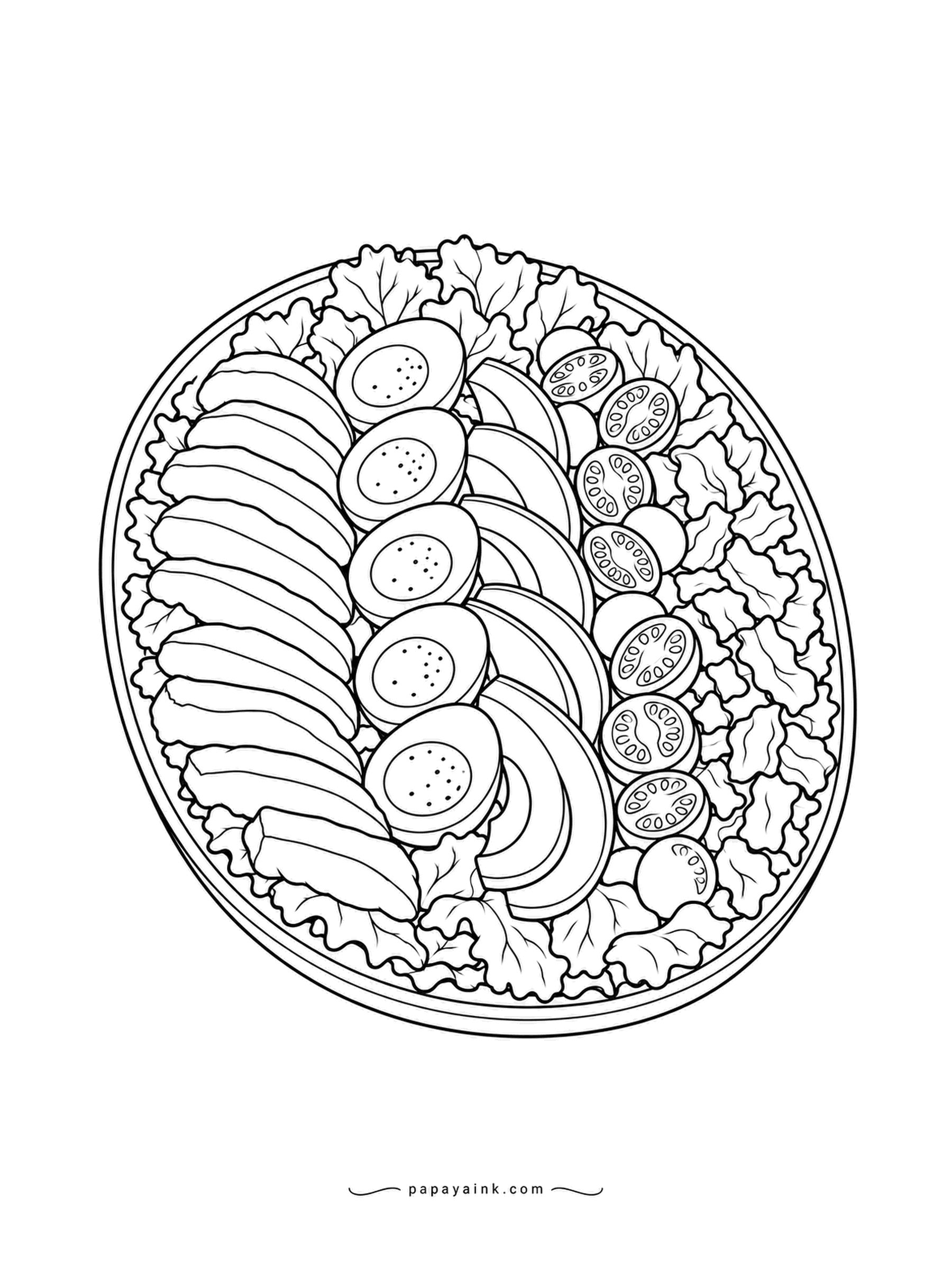 Food Coloring Pages - Cobb salad on an oval platter, with the ingredients in neat rows: sliced chicken, halved eggs, avocado, cherry tomatoes and chopped lettuce. The rows let you see five colors side by side, which is exactly why the dish is served this way. Detailed.