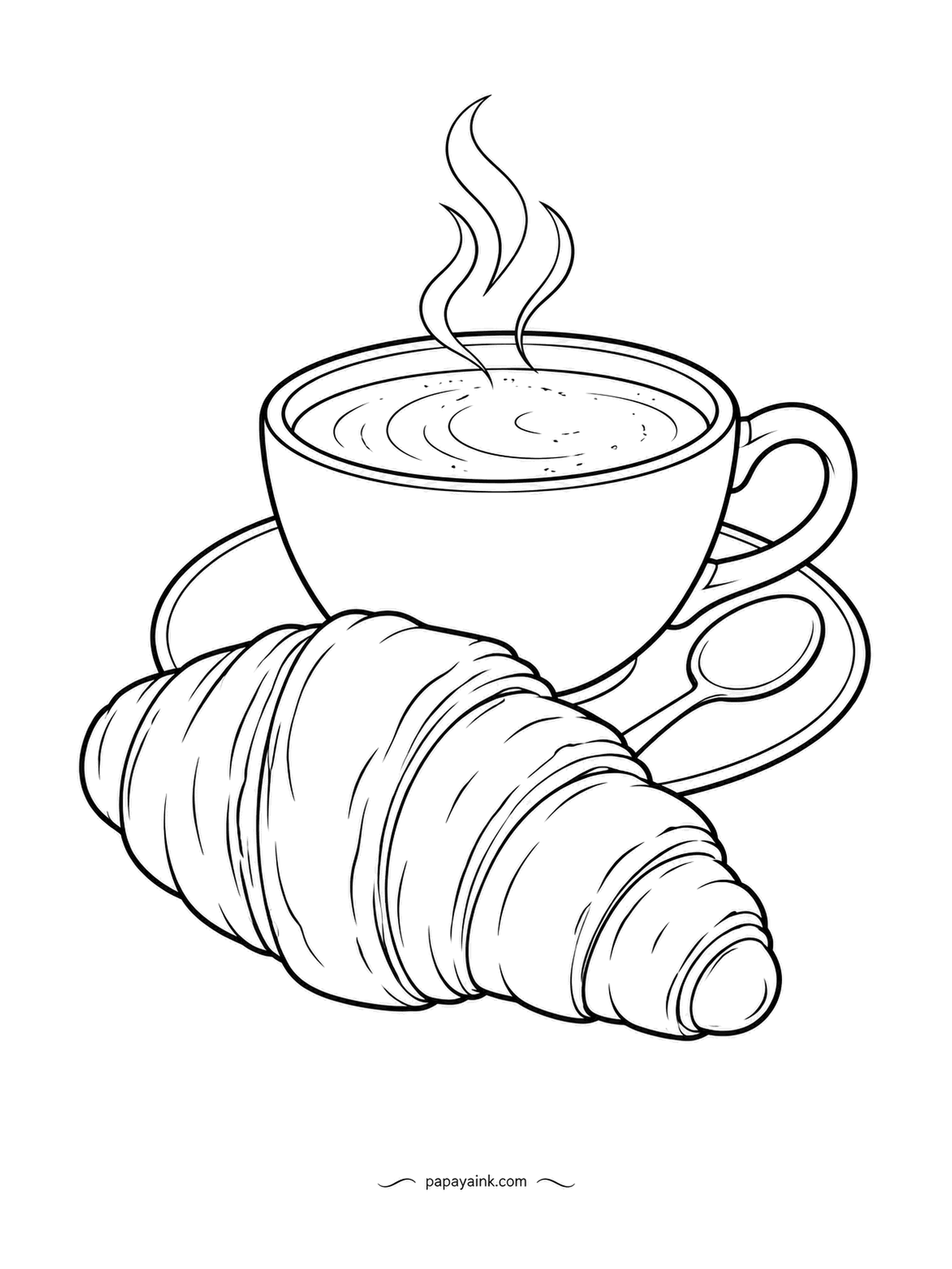 Food Coloring Pages - Coffee cup steaming on its saucer with a spoon alongside, and a croissant lying in front of it. Dark brown coffee with a lighter swirl on the surface, and a golden croissant shaded darker along each curve.