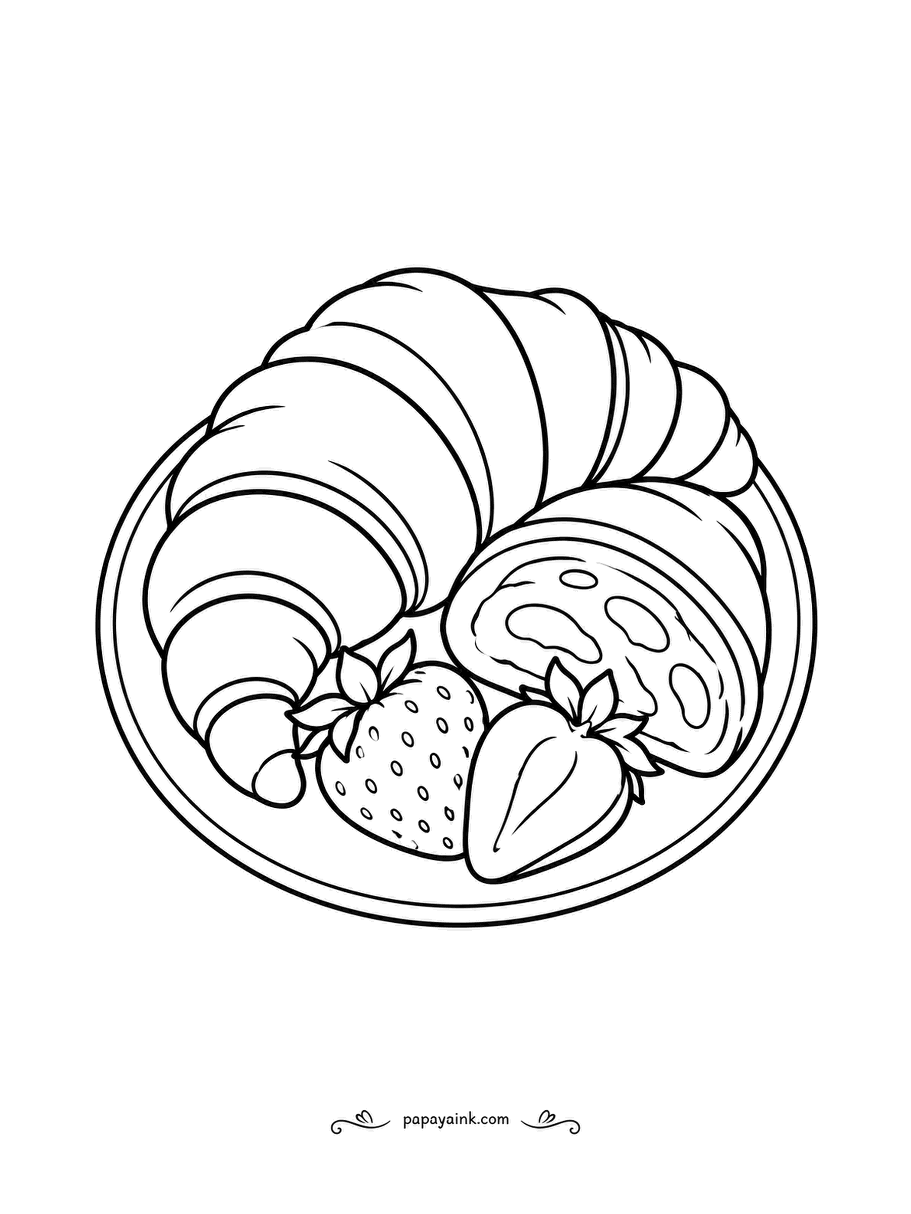 Food Coloring Pages - Croissant on a plate with two strawberries and a slice of pastry tucked beside it. The croissant is drawn in curved segments, so shade each segment darker at the fold and lighter on the ridge, and it turns flaky.