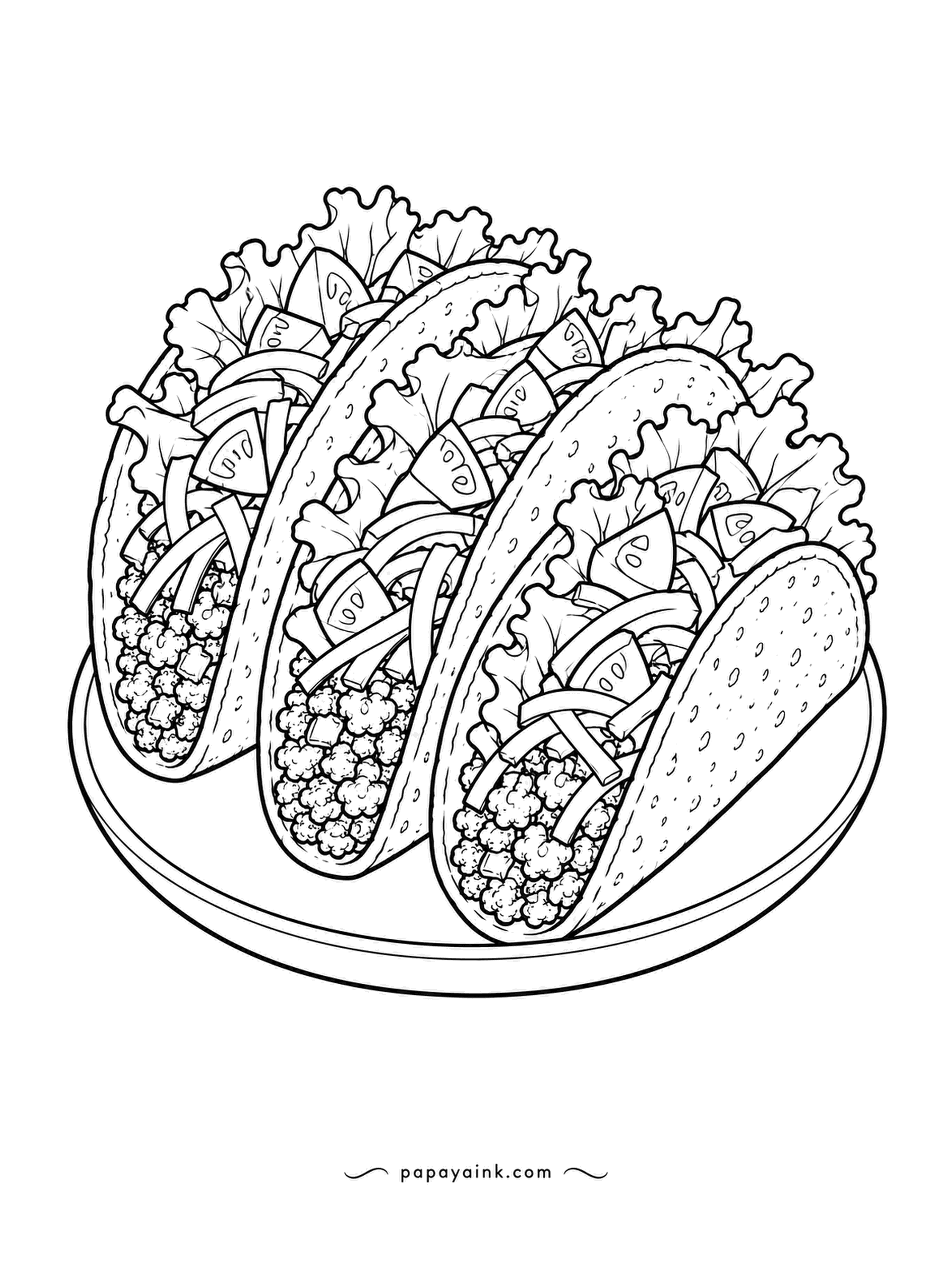 Food Coloring Pages - Three crunchy tacos in a row, the shells packed with seasoned ground beef, shredded lettuce, tomato wedges and cheese. Tan shells with slightly deeper edges, then bright colors for the toppings.