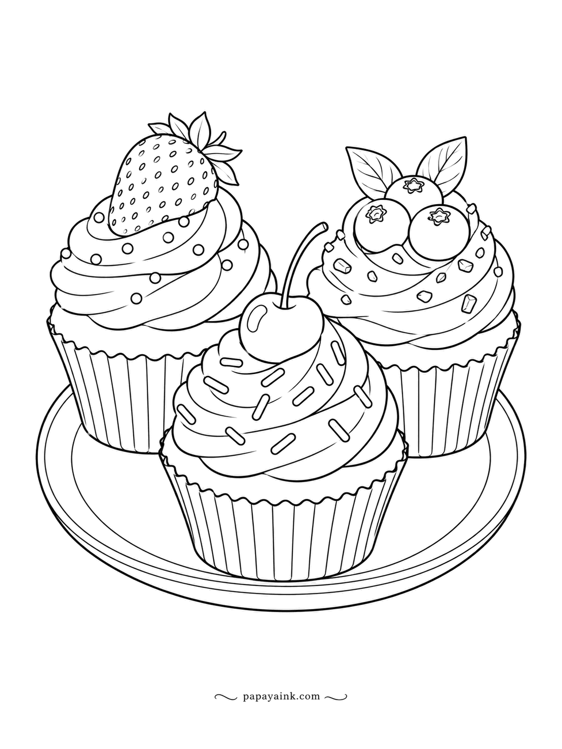 Food Coloring Pages - Cupcake trio on a plate: one topped with a strawberry, one with a cherry and sprinkles, one with blueberries. Three frostings, three colors - pink, mint and lavender is a nice set - and the paper cups in their own tones.