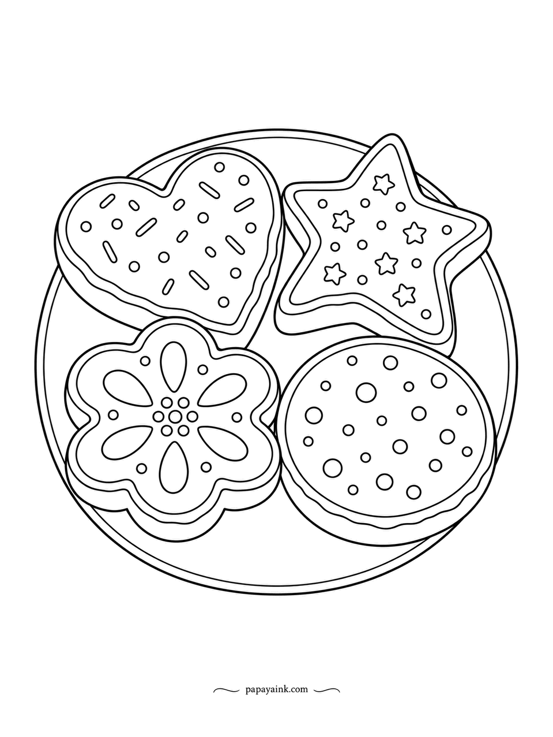 Food Coloring Pages - Decorated sugar cookies on a plate, four shapes: a heart with sprinkles, a star with little stars, a flower with petal icing and a round one with dots. Each cookie gets its own icing tint; the dough underneath stays a pale biscuit.