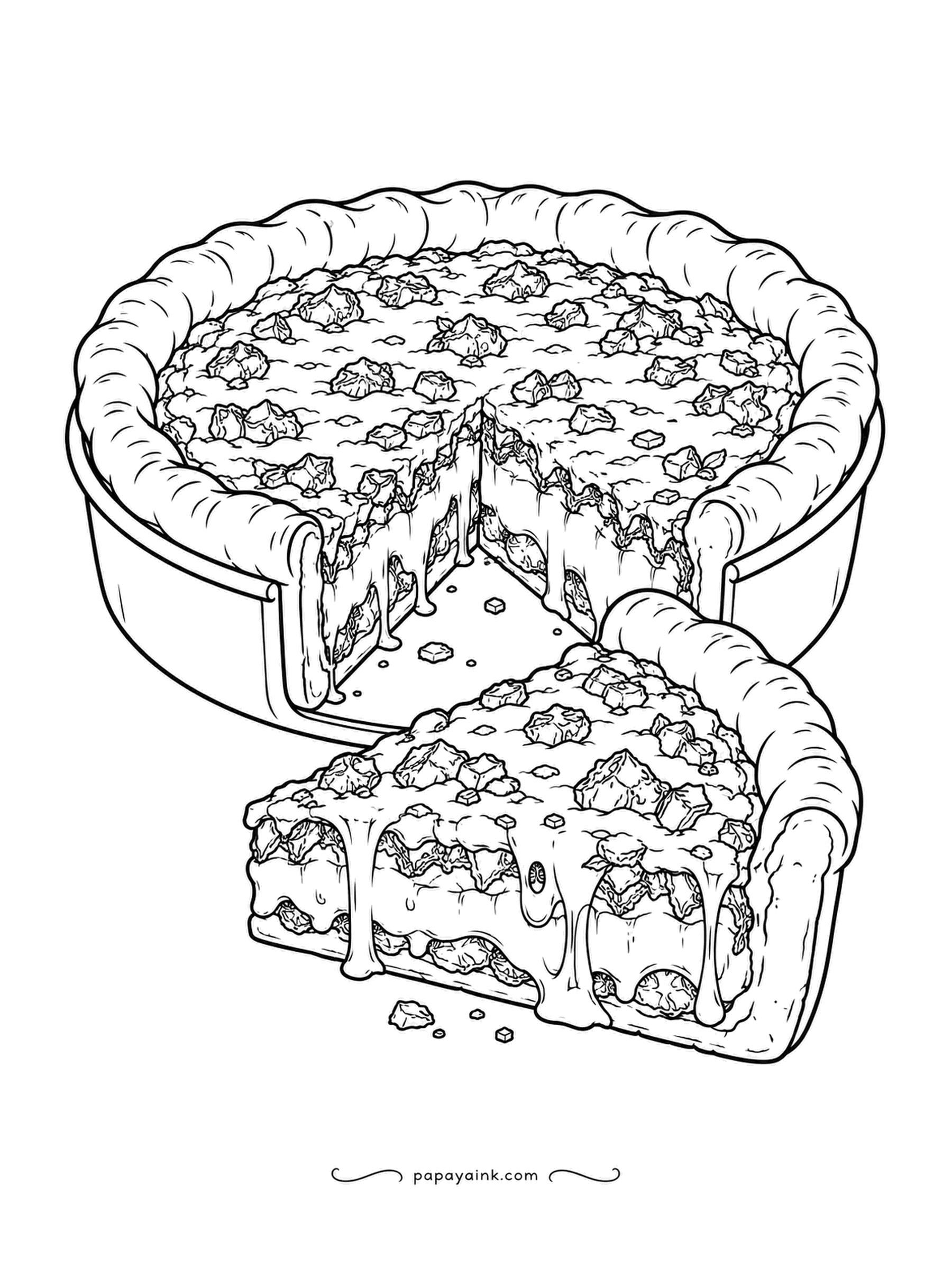 Food Coloring Pages - Chicago-style deep dish, baked in a round pan with a crust that climbs the sides. One wedge is out and the cheese stretched after it. The top is a chunky tomato layer, so brick red there and a golden rim gives the real look. Detailed.