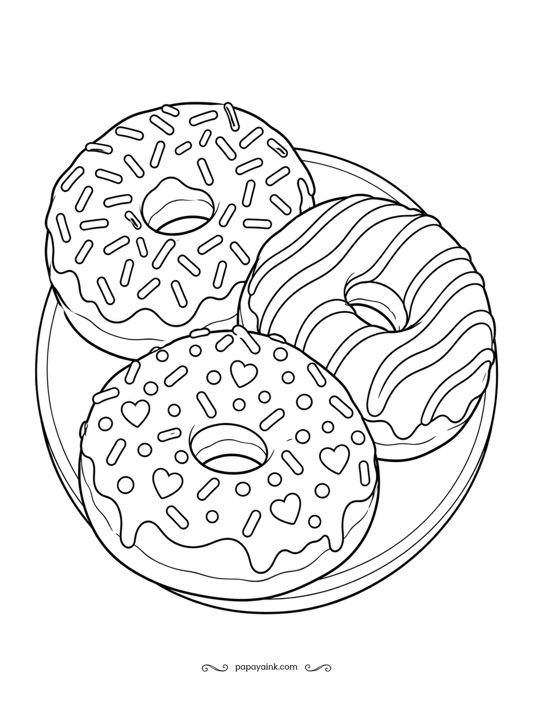 Food Coloring Pages - Donut trio on a plate: one with sprinkles, one with striped glaze and one with hearts and dots. Glaze first, sprinkles last with a fine pen, and the donut itself stays a soft tan underneath.