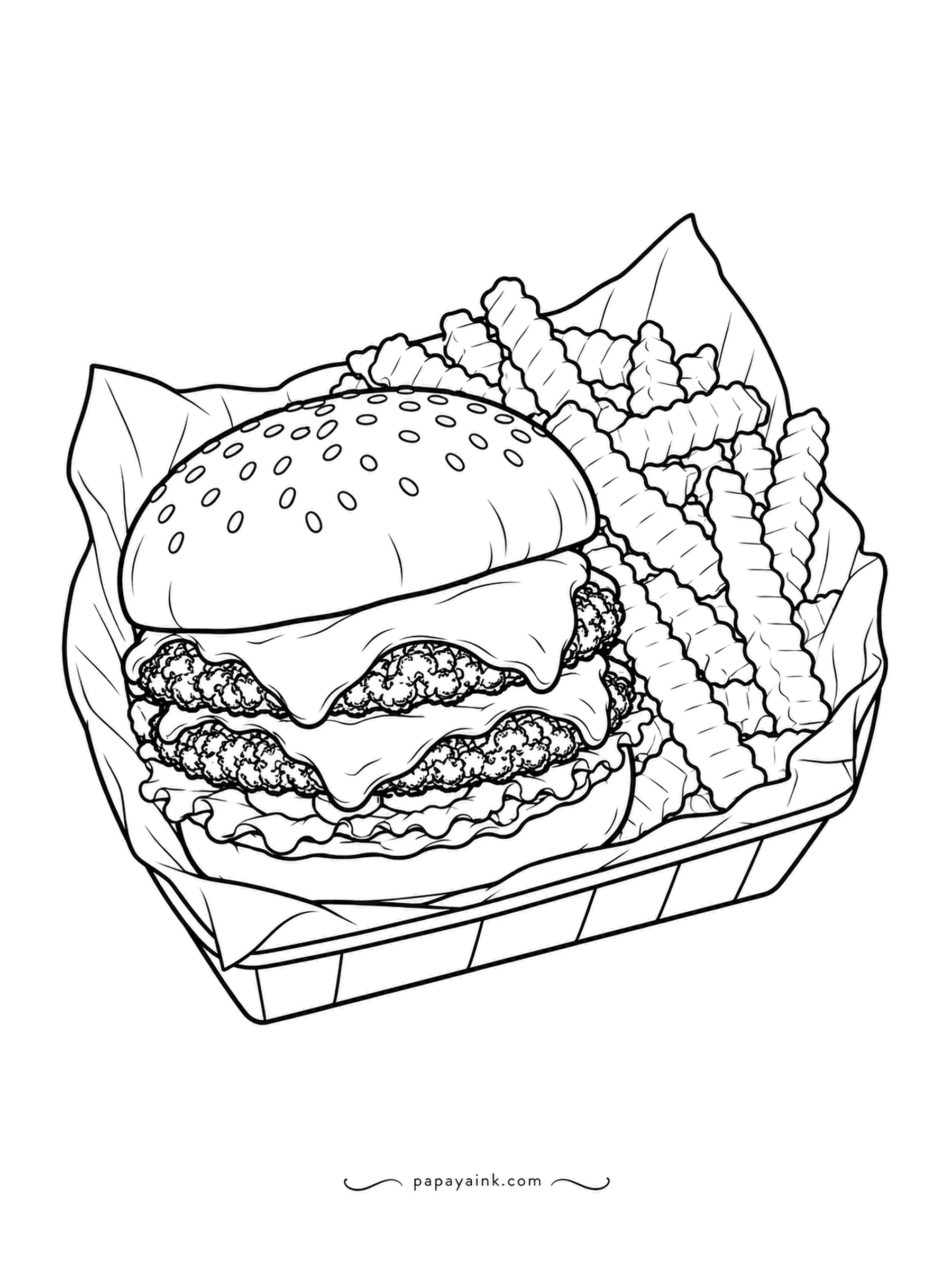 Food Coloring Pages - Crinkle-cut fries fill half of the paper-lined basket and a double smashburger fills the rest. Smashed patties get those lacy crisp edges, and both are drawn with cheese melted across them. Try a darker brown on the patty edges than in the middle.
