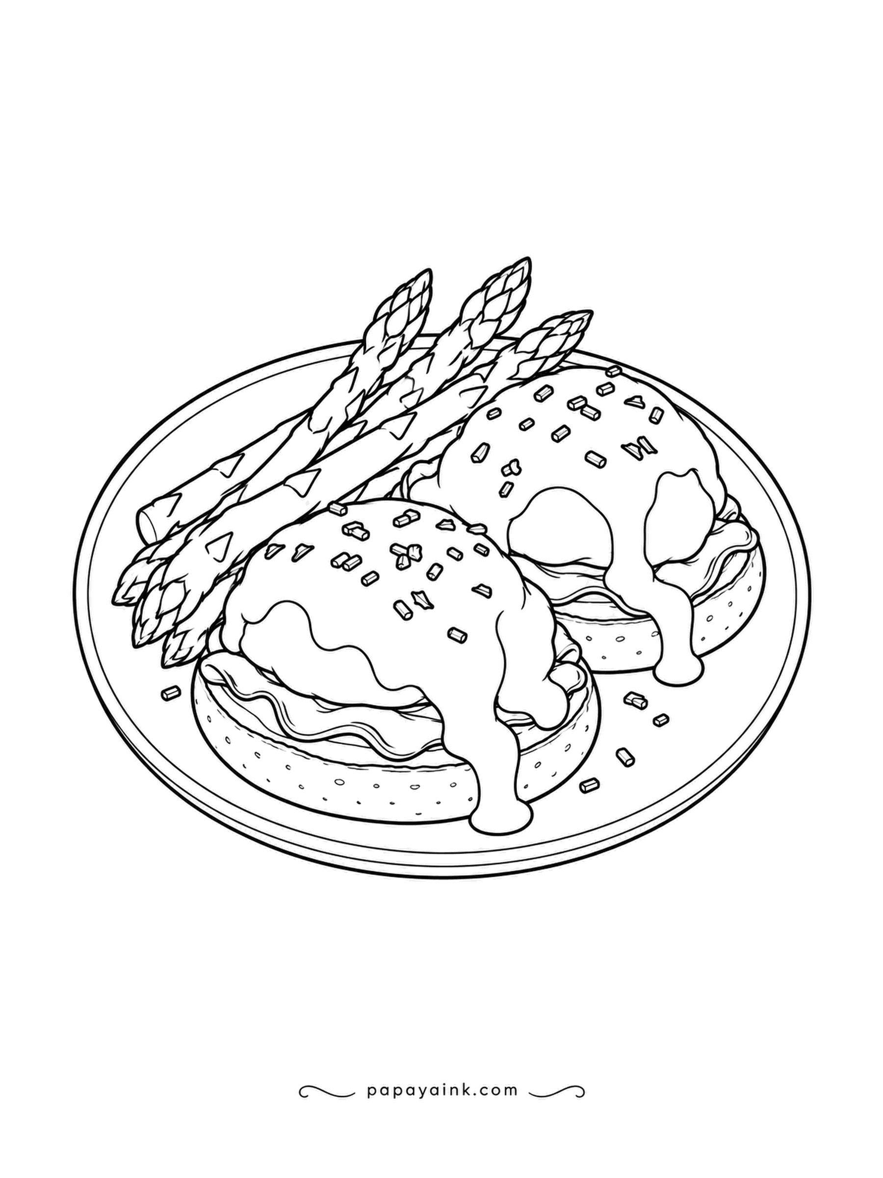 Food Coloring Pages - Eggs Benedict: two English muffin halves topped with ham, a poached egg each and a spill of hollandaise, with asparagus spears and chopped chives finishing the plate. Hollandaise is pale yellow, and a sliver left bare on it reads as shine.