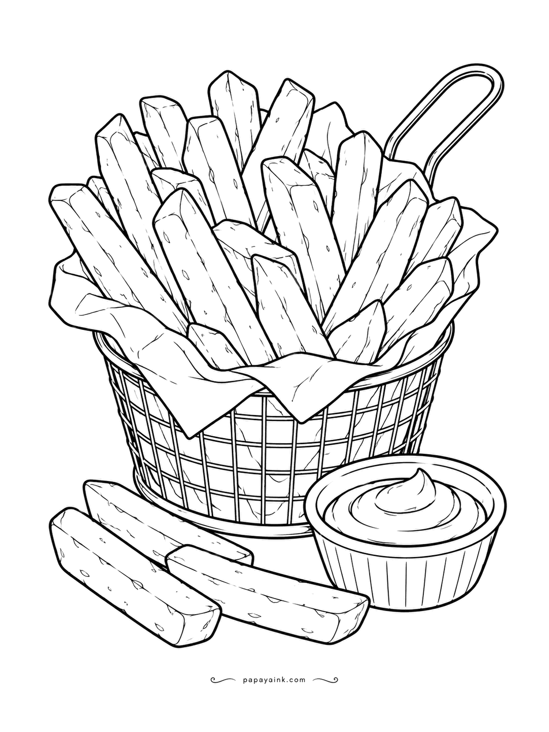 Food Coloring Pages - Heaped in a wire fry basket, the french fries spill a few onto the table beside a cup of sauce. Ketchup, if the file name is to be believed. A pale gold on the fries, and the basket wire stays a thin outline.