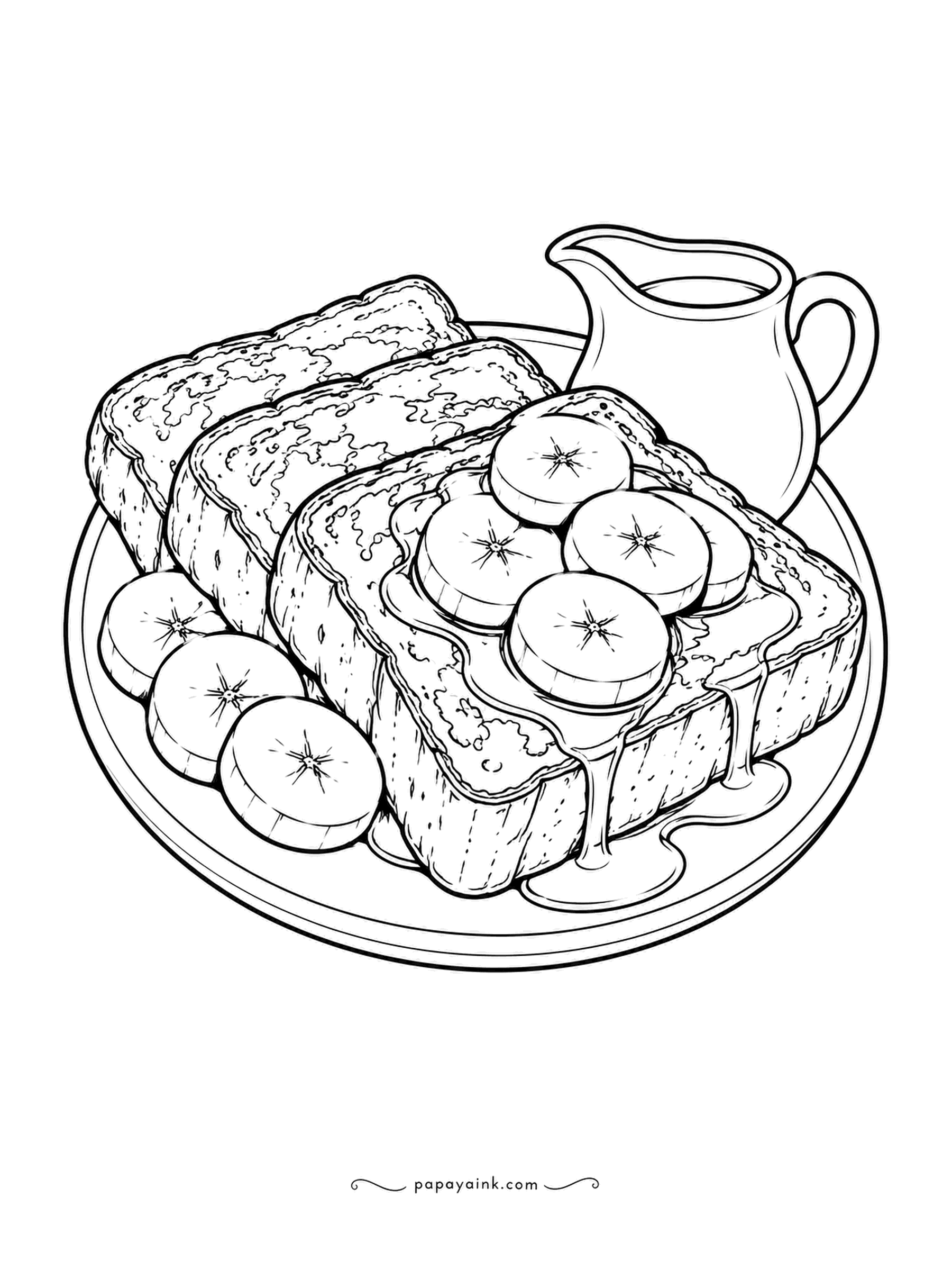 Food Coloring Pages - French toast cut thick, three slices stacked with banana coins on top and a small pitcher of maple syrup behind. The syrup is already running down the front slice. A golden egg crust on the bread and pale yellow bananas is all this page needs.