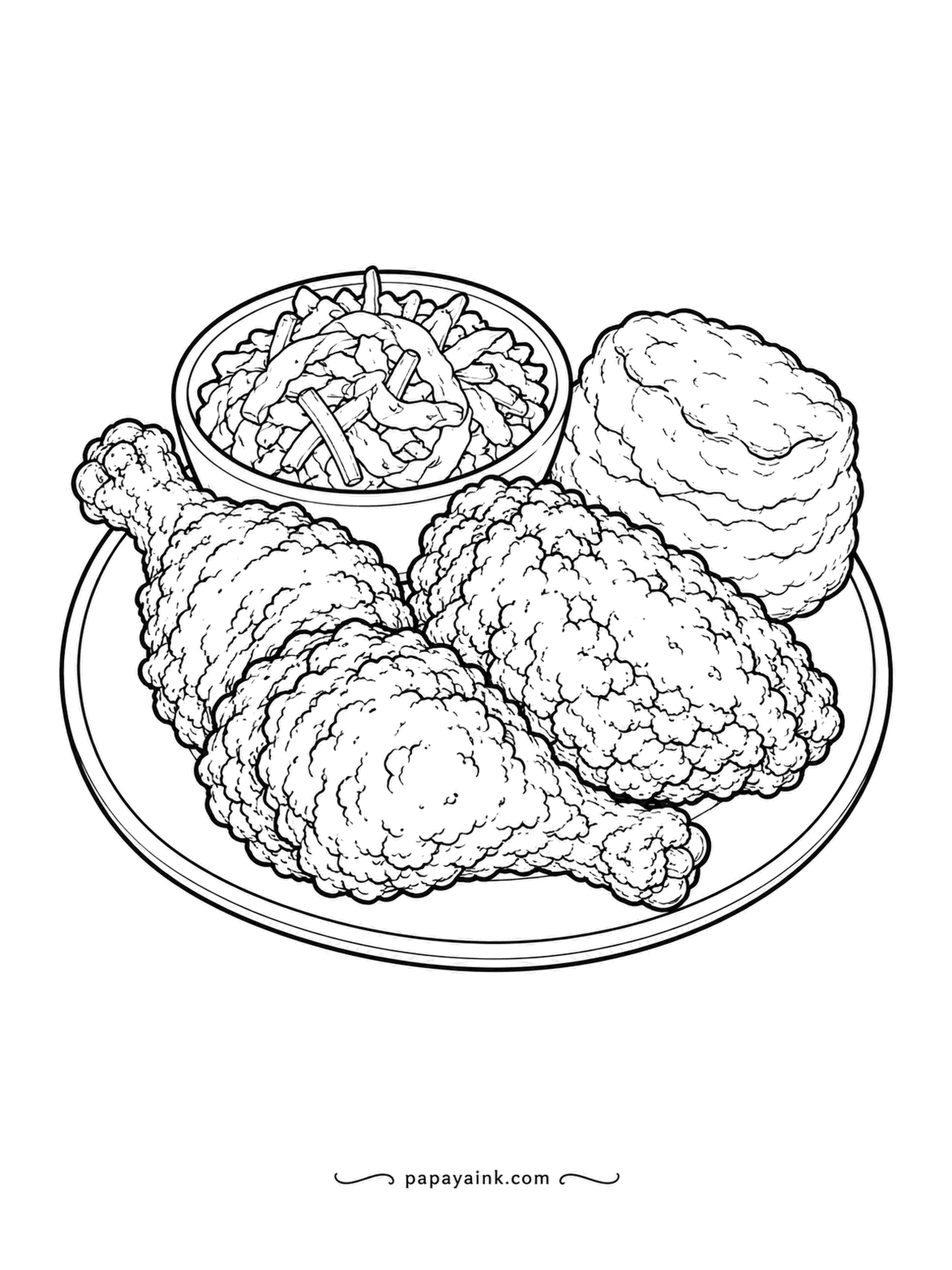 Food Coloring Pages - Fried chicken picnic plate with drumsticks and a thigh, a flaky biscuit and a cup of coleslaw. The crust is drawn craggy and pebbled, so dab the color on in patches rather than sweeping it flat, and the chicken will look crispy.