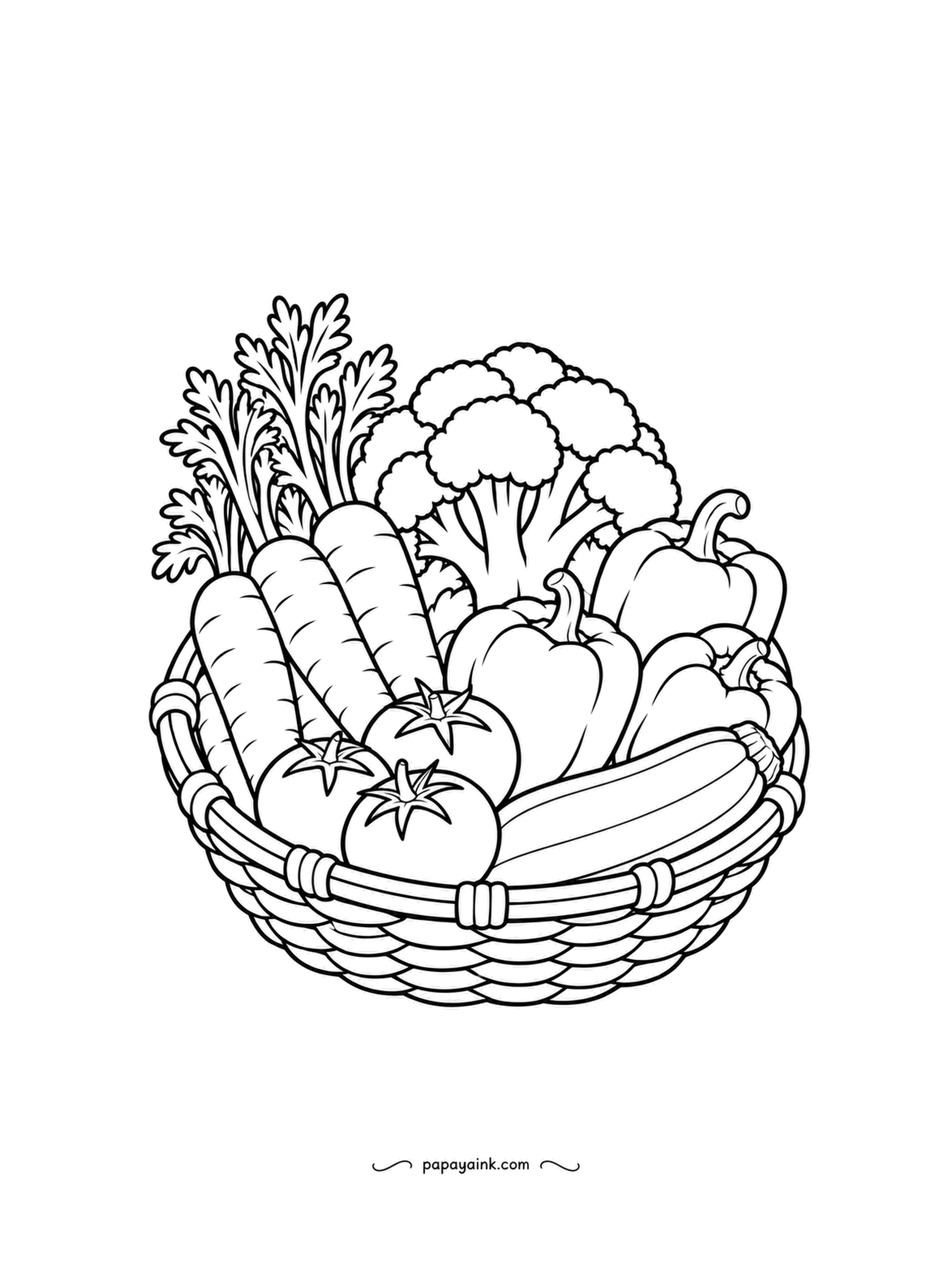 Food Coloring Pages - Carrots with their tops on, broccoli crowns, bell peppers, tomatoes and a zucchini fill this garden vegetable basket to the rim. Every vegetable has its own color, so start with the one you like best and work outward.