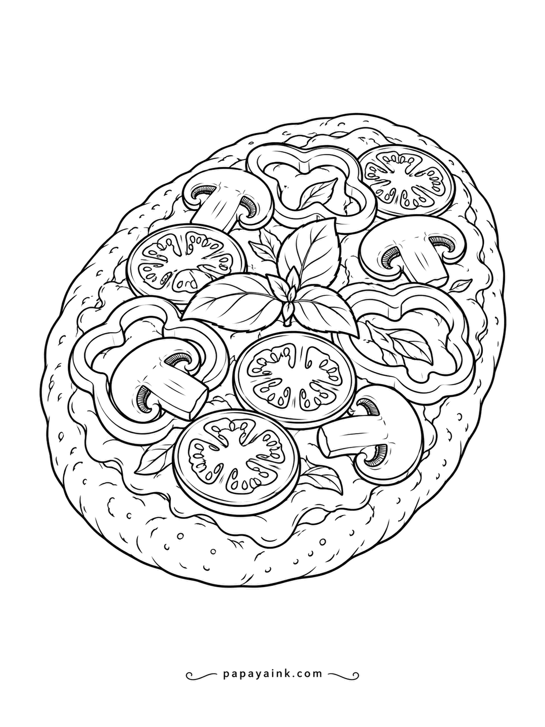 Food Coloring Pages - Garden vegetable flatbread, oval and rustic, loaded with sliced mushrooms, tomato rounds, bell pepper rings and a basil sprig in the center. Each vegetable wants its own crayon, so this is the page to open the whole box for. Detailed.