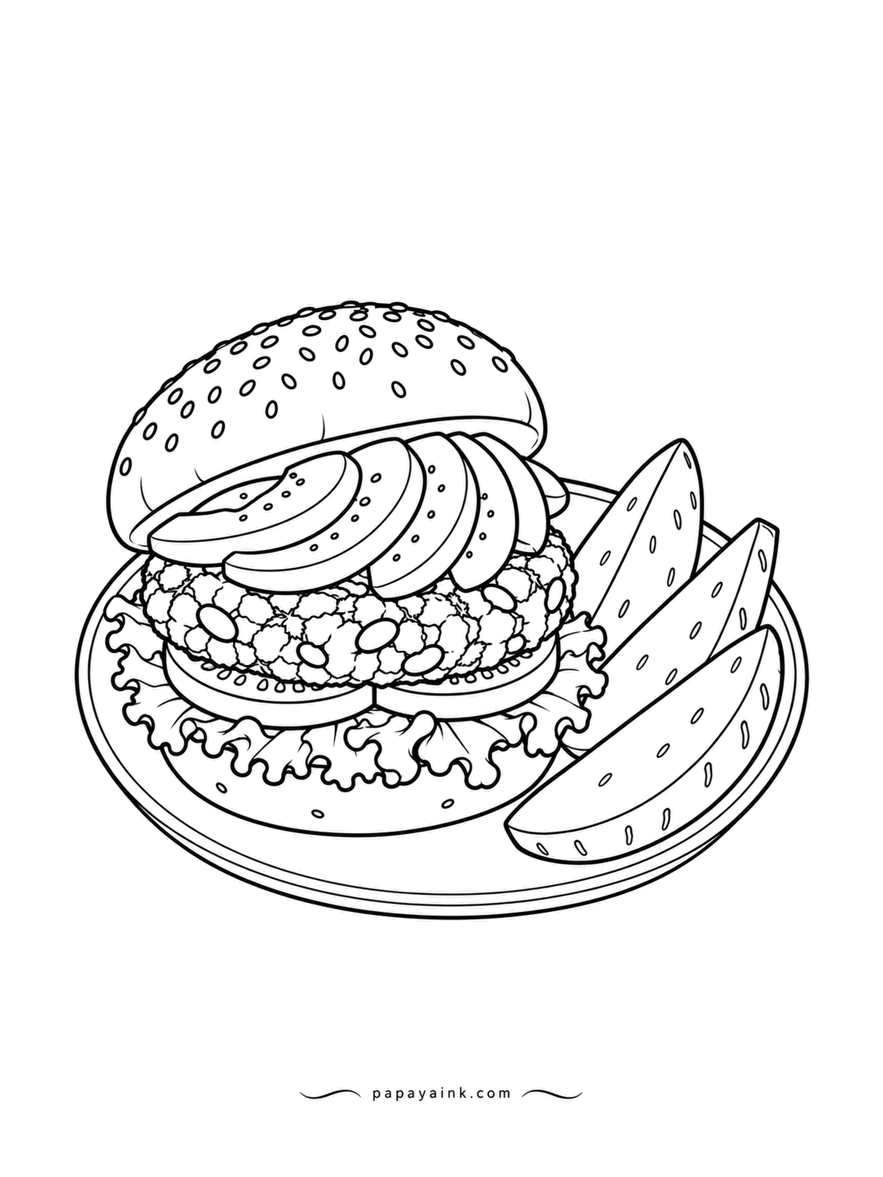 Food Coloring Pages - Avocado slices fanned over a grain patty make this garden veggie burger, with lettuce below and three potato wedges on the side. The patty is chunky, with beans and corn showing - speckle it with several colors instead of one flat brown.