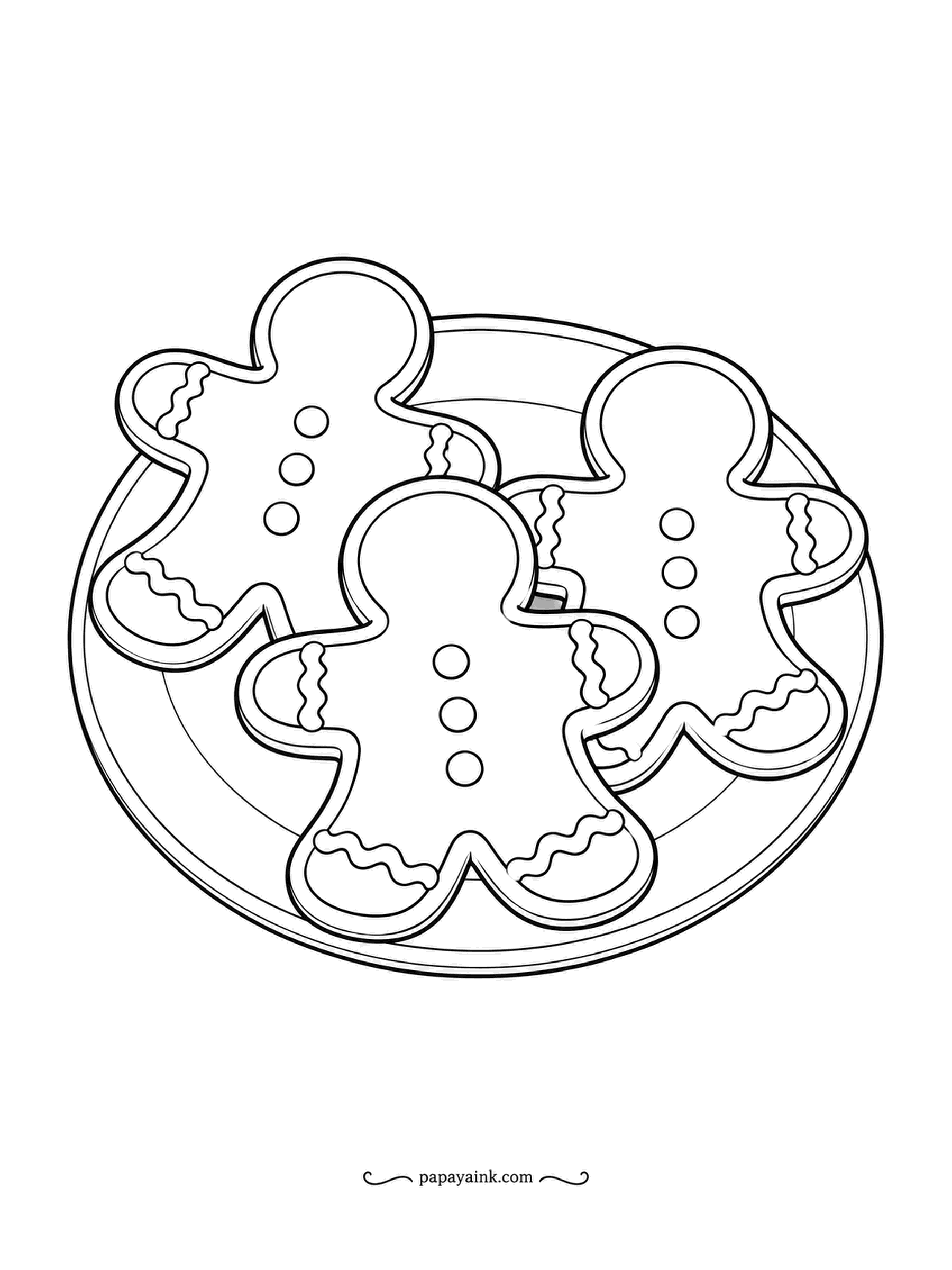 Food Coloring Pages - Gingerbread cookies on a plate, each with icing zigzags on arms and legs and buttons down the front. A gingery caramel for the dough, white for the icing lines, and that is the whole page.