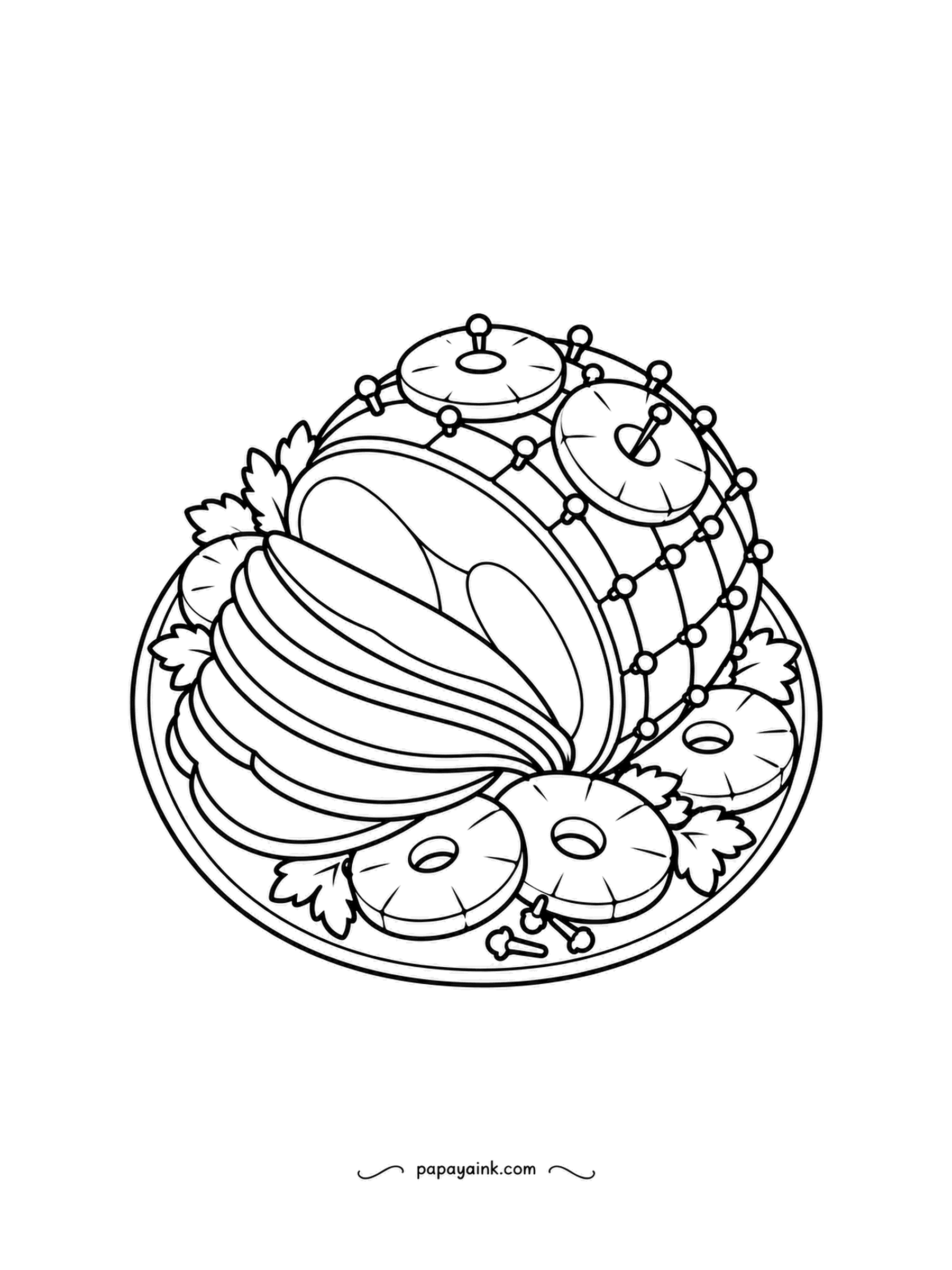 Food Coloring Pages - Glazed spiral ham dressed the old-fashioned way, with pineapple rings pinned on top and parsley around the base. Use a rosy pink for the meat, a darker edge where the slices fan apart, and a bright yellow on the rings.