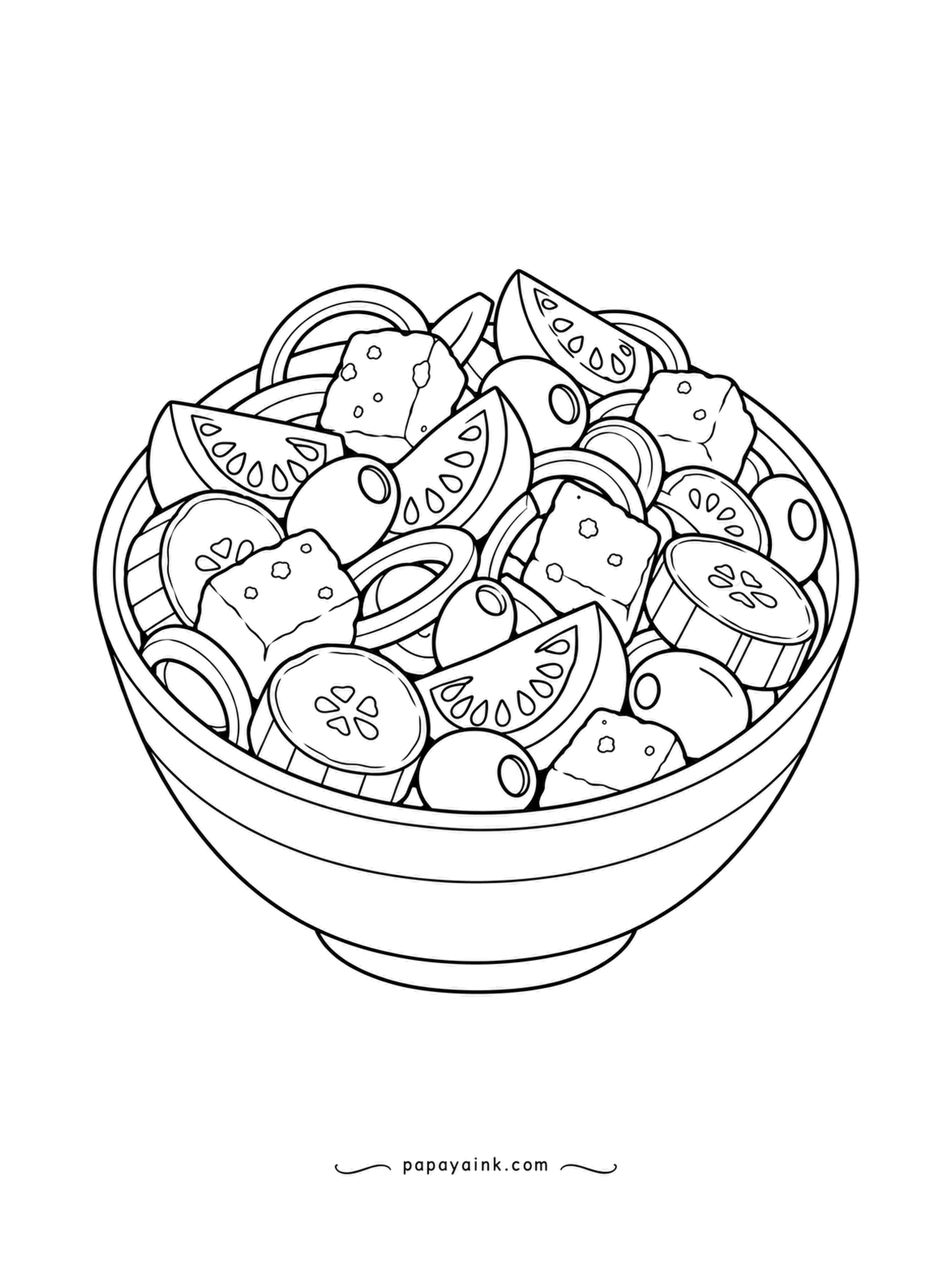 Food Coloring Pages - Greek salad: cucumber, tomato wedges, olives, onion rings and cubes of feta tossed together in a bowl. Olives go black or deep purple, feta stays white, and the cucumber only needs a thin green at the skin.