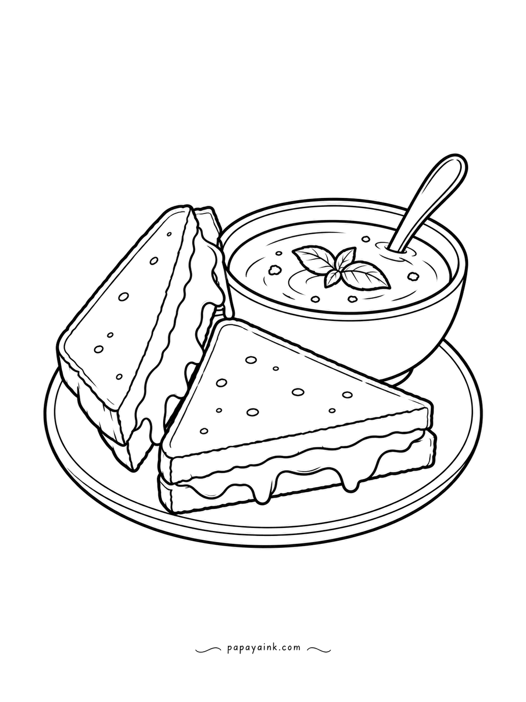 Food Coloring Pages - Grilled cheese and tomato soup, the lunch that never goes out of style. Both halves show cheese melting out of the cut edge, and a basil leaf floats on the soup. Make the soup one flat tone and spend your detail on the toasted bread.