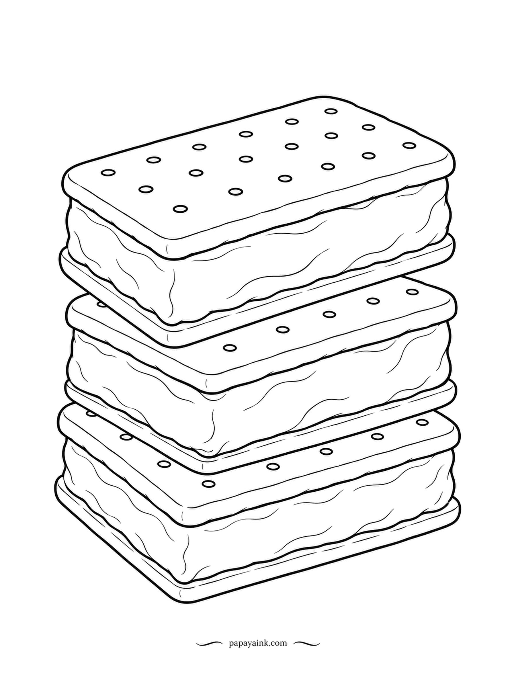 Food Coloring Pages - Ice cream sandwiches stacked three high, the chocolate wafers dotted with holes and the filling showing at the edges. Dark wafers, vanilla filling - a pair of colors, done. A good first page for a child.
