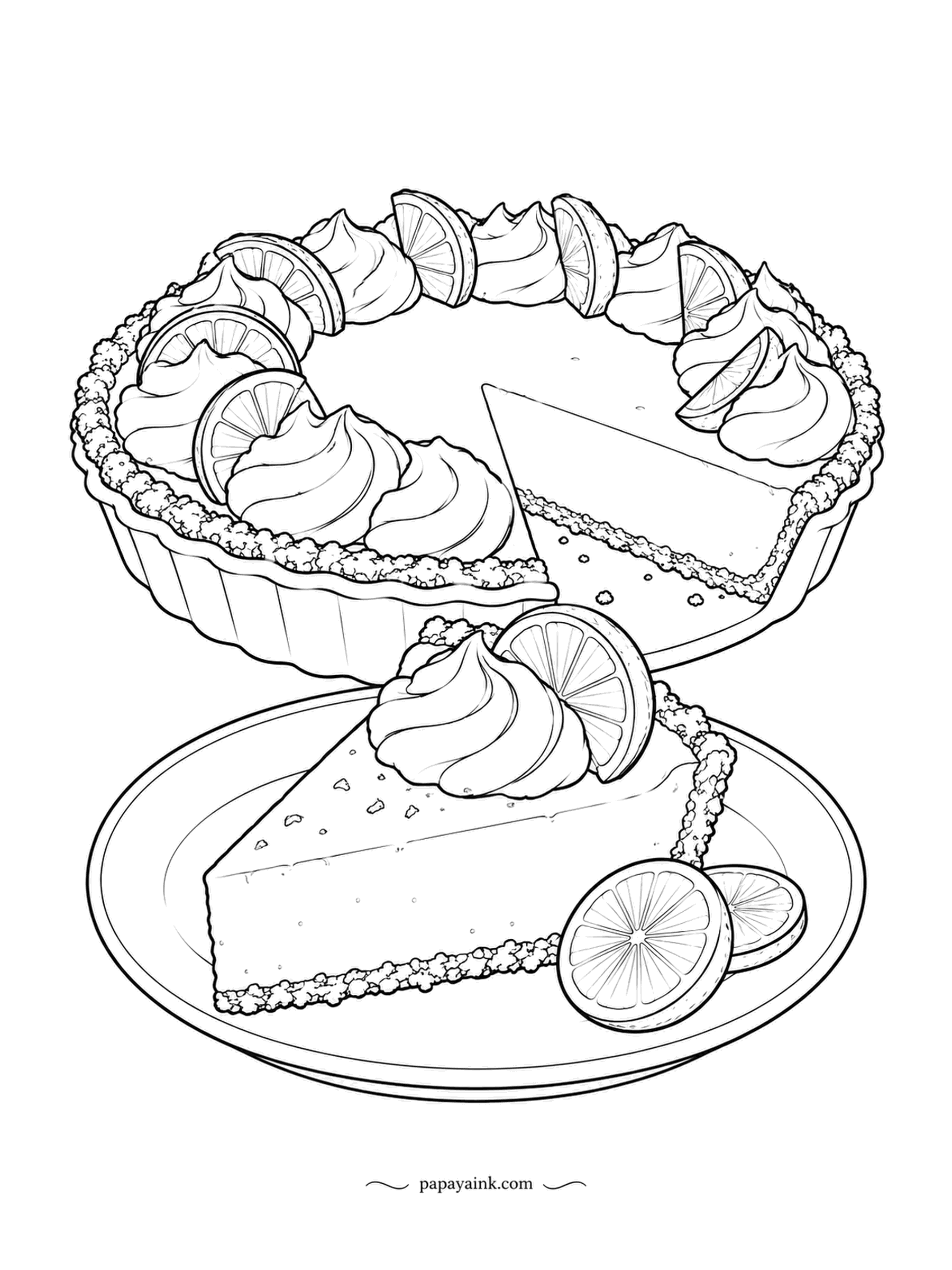 Food Coloring Pages - Key lime pie ringed with whipped cream rosettes and lime slices, one slice cut and served on its own plate. The filling is a soft mint, the crust is sandy brown, and the limes get the brightest green on the page. Detailed.
