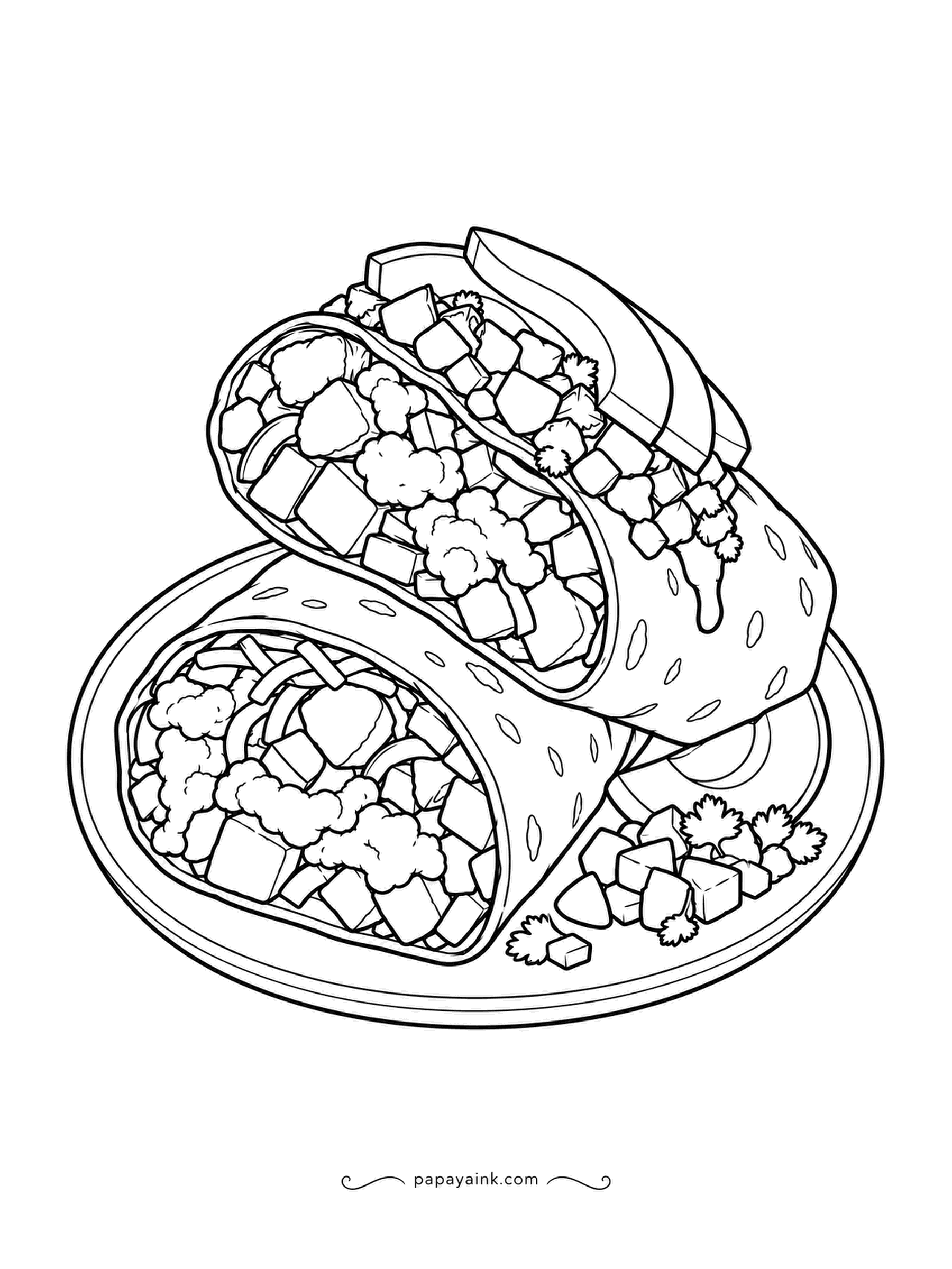 Food Coloring Pages - Scrambled eggs, diced potatoes and peppers spill from a loaded breakfast burrito cut in half, with a second burrito stacked behind it. Diced tomato and cilantro are scattered around the plate. The tortilla should stay light, with soft tan toast spots.