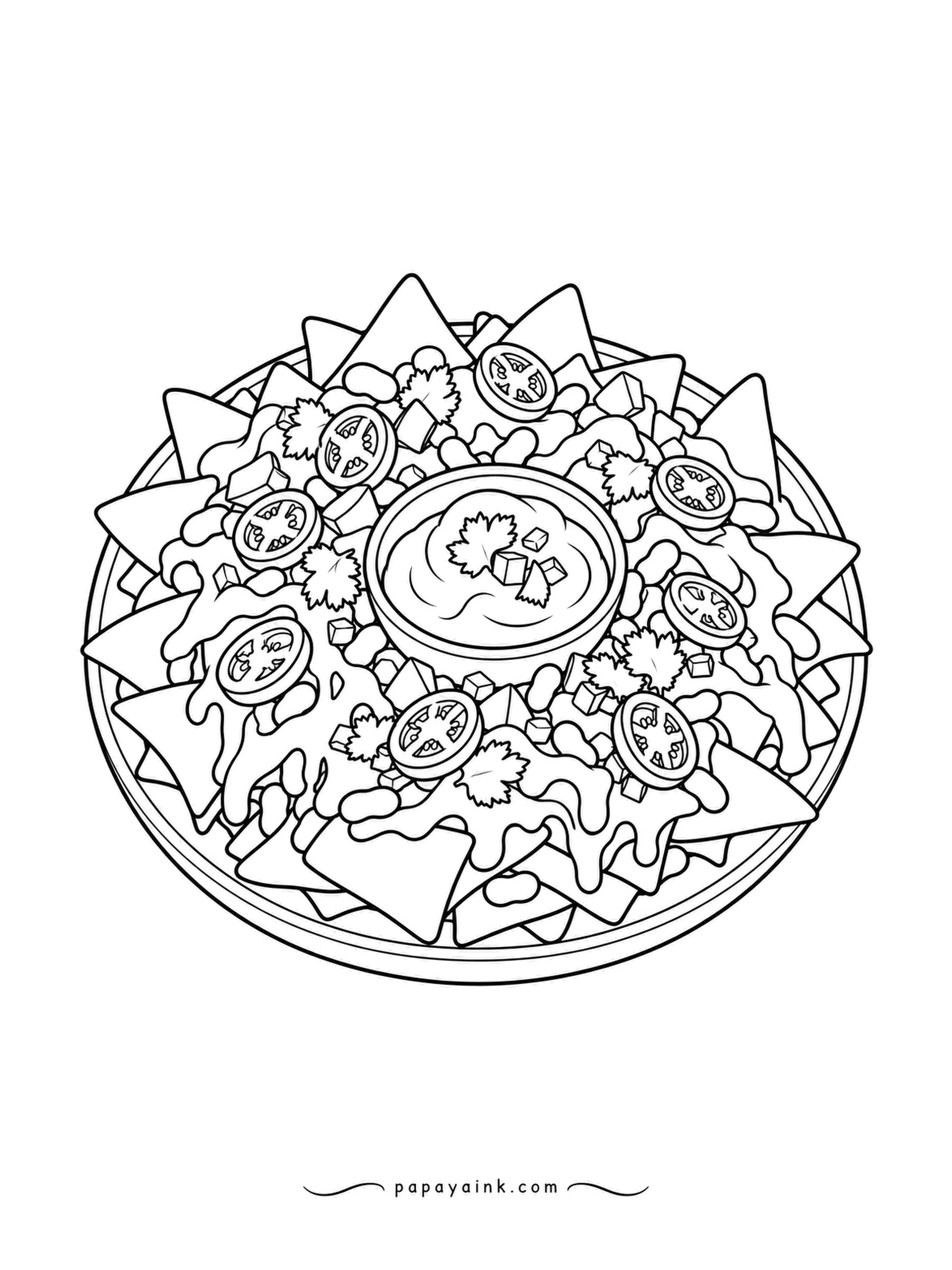 Food Coloring Pages - Loaded nachos on a platter, cheese dripping over the chips, with pepper rings, tomato, cilantro and a bowl of salsa in the center. Tortilla chips are a light straw color with toasted tips. Detailed.