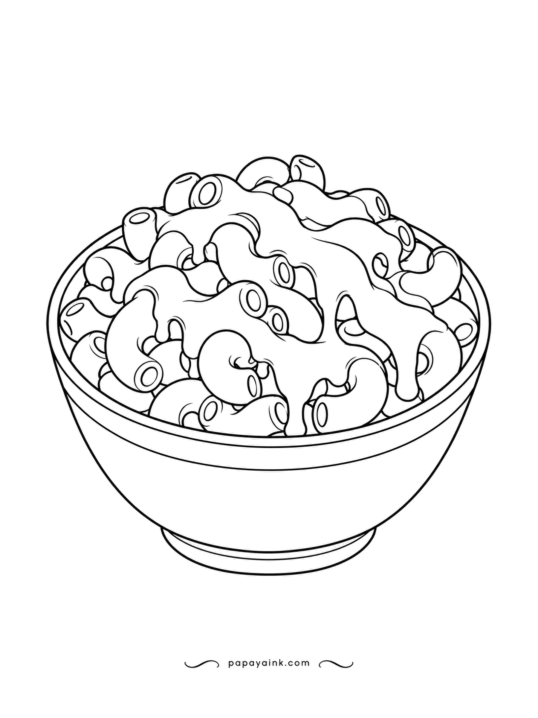Food Coloring Pages - Macaroni and cheese, a bowl of elbow pasta under a thick orange sauce. The sauce is drawn pooling and dripping between the pieces. Use two shades of orange, lighter on top and deeper down in the gaps, and it looks hot.