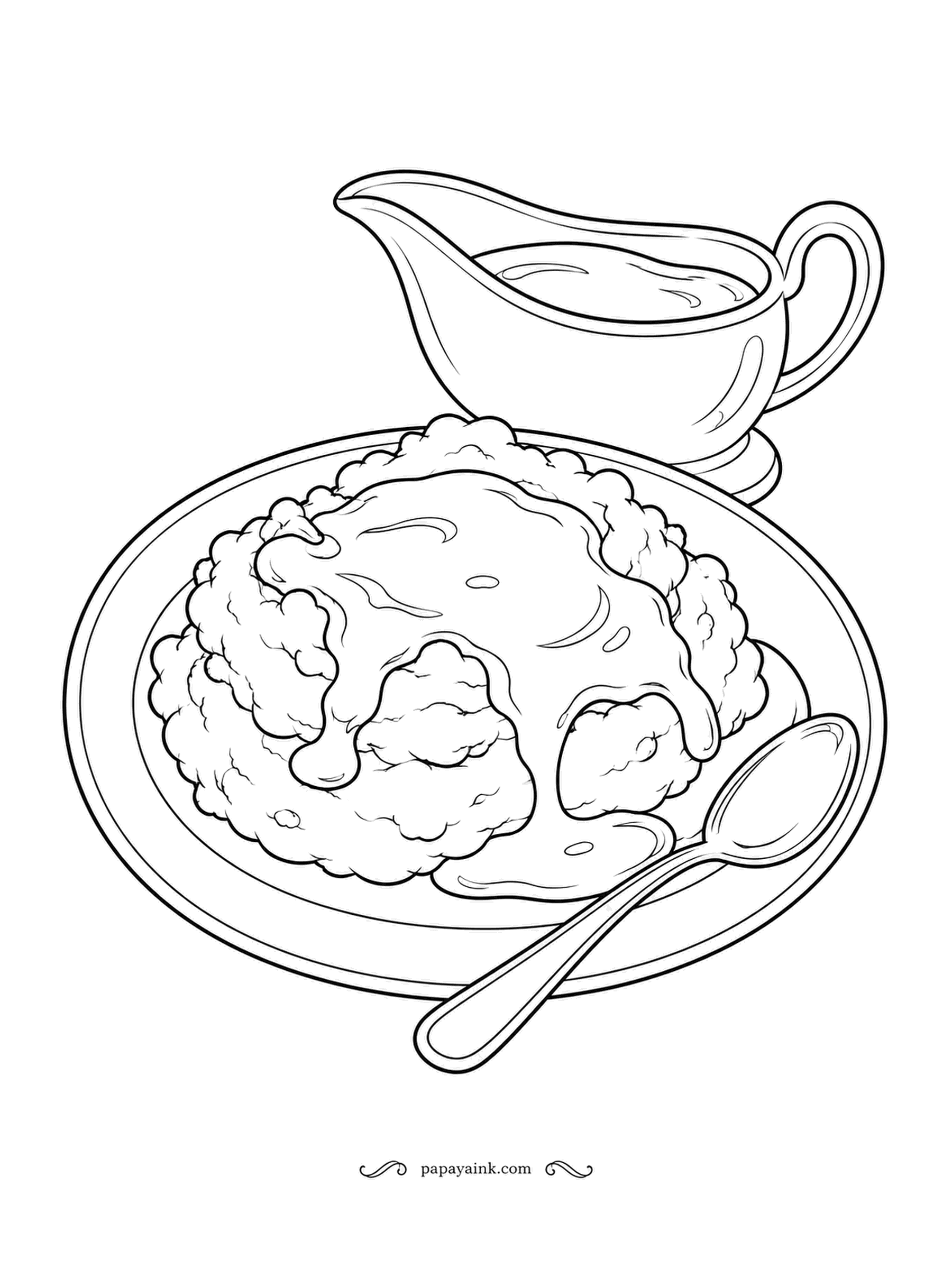 Food Coloring Pages - Mashed potatoes with gravy poured over the top and a gravy boat waiting behind for the second helping, a spoon resting on the plate. Potatoes take almost no color, gravy is a deep brown, and the gloss on it is a thin sliver left blank.