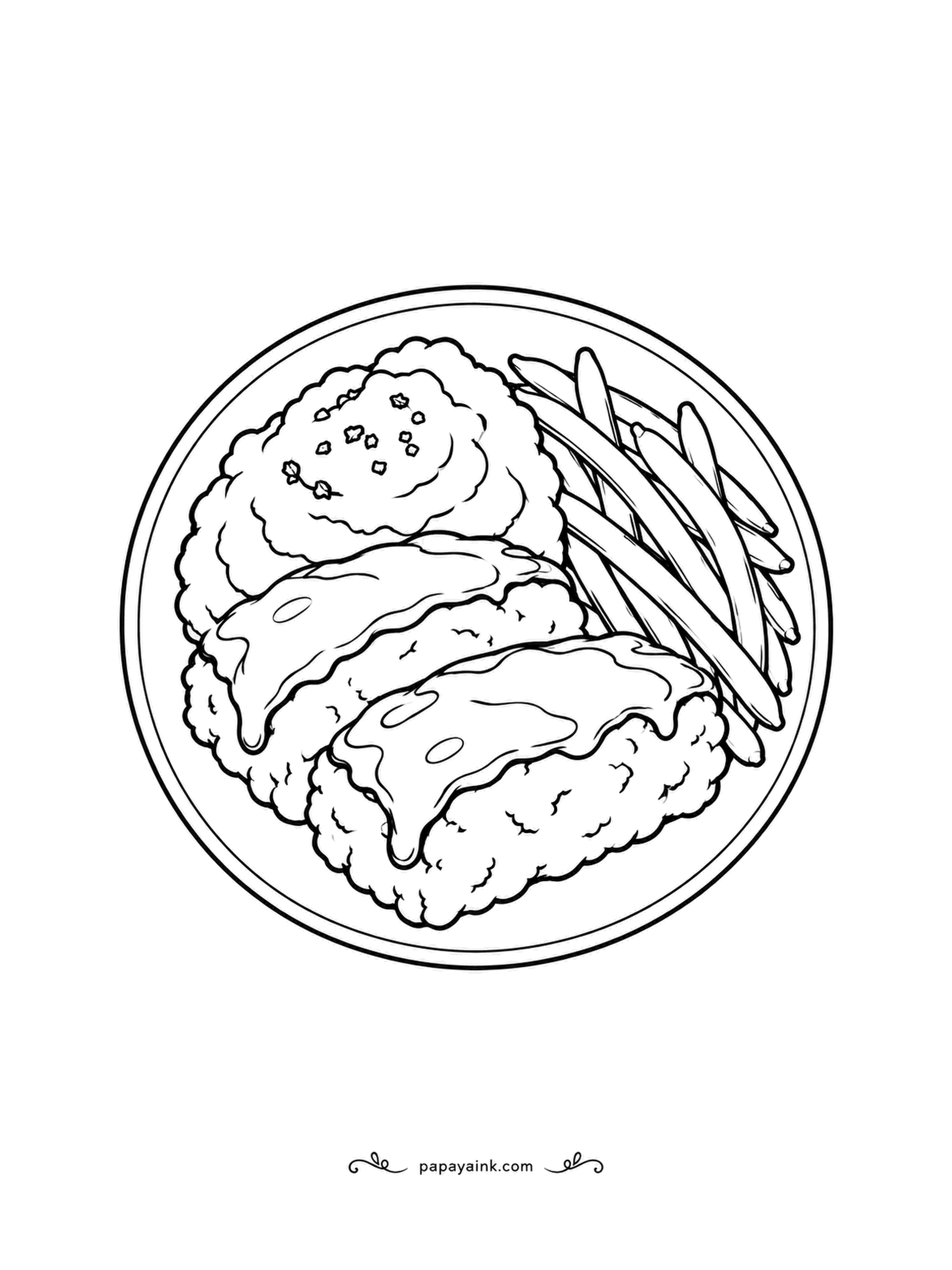 Food Coloring Pages - Meatloaf comfort dinner, three thick slices under a shiny glaze, with a scoop of mashed potatoes and a stack of green beans on the same plate. Reddish brown on the glaze, a softer tone for the meat below it.