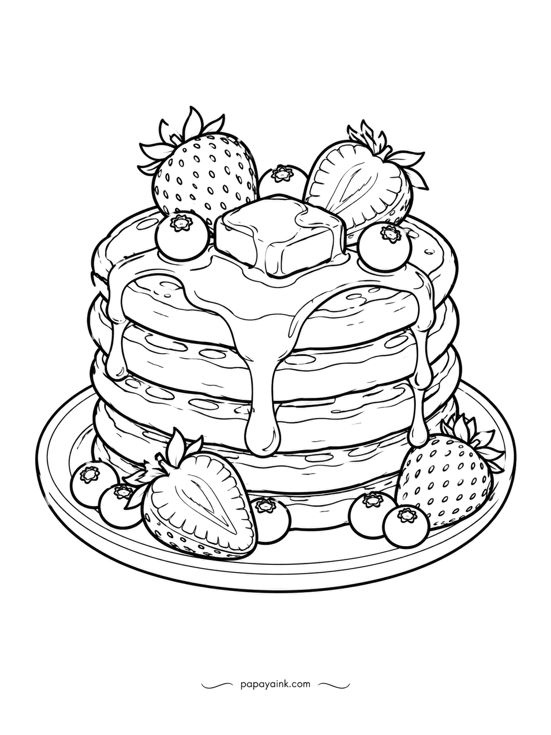 Food Coloring Pages - A tall pancake stack with syrup pouring from the butter on top all the way down to the plate. Strawberries and blueberries ring the base. Pancakes go pale gold on the sides and darker on the flat tops where they touched the pan.