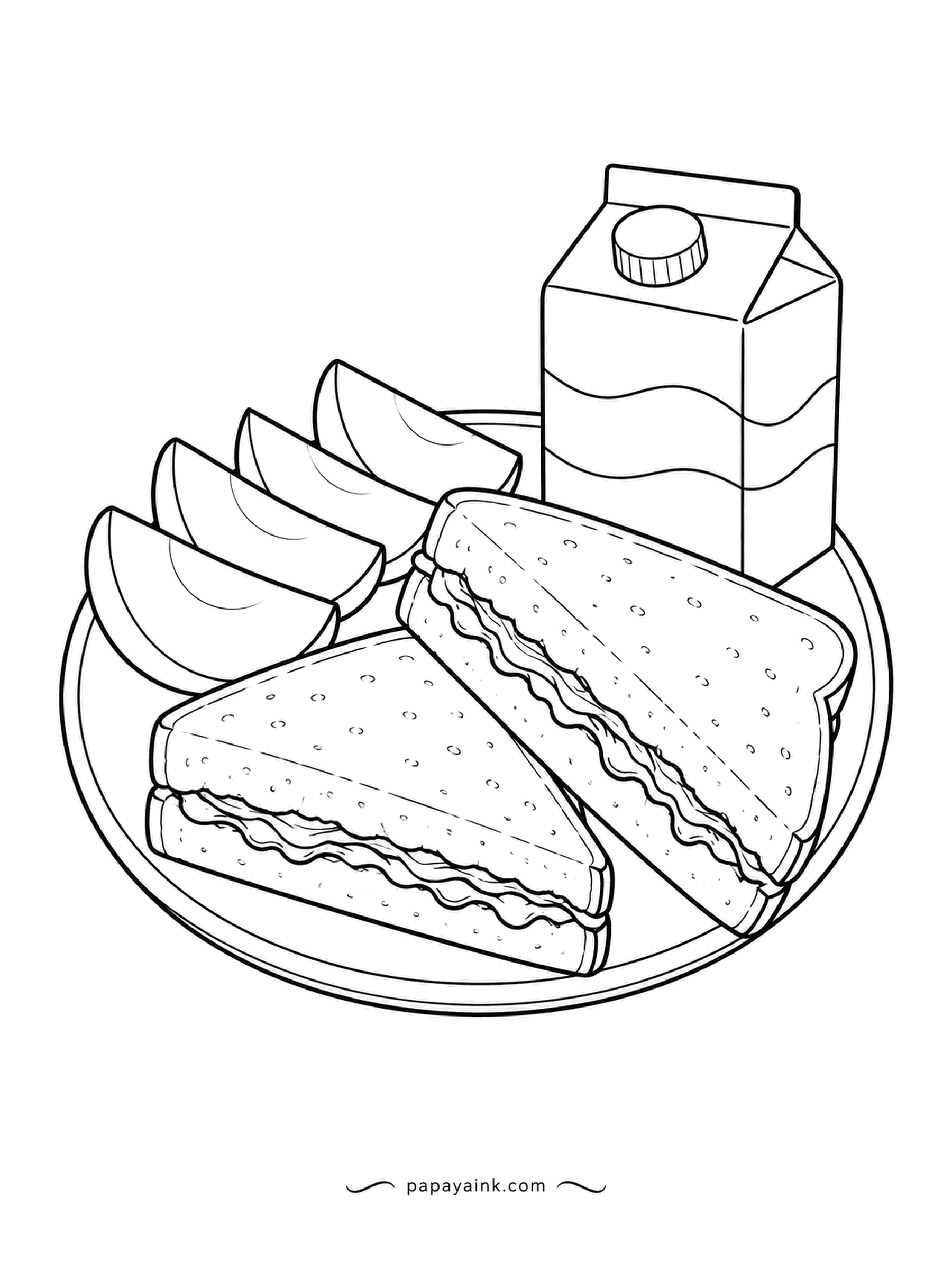Food Coloring Pages - Peanut butter and jelly on a lunch plate, cut into triangles, with apple slices fanned to the side and a small carton of milk. Nothing fancy, which is the point. Grape purple or strawberry red for the jelly - your call.