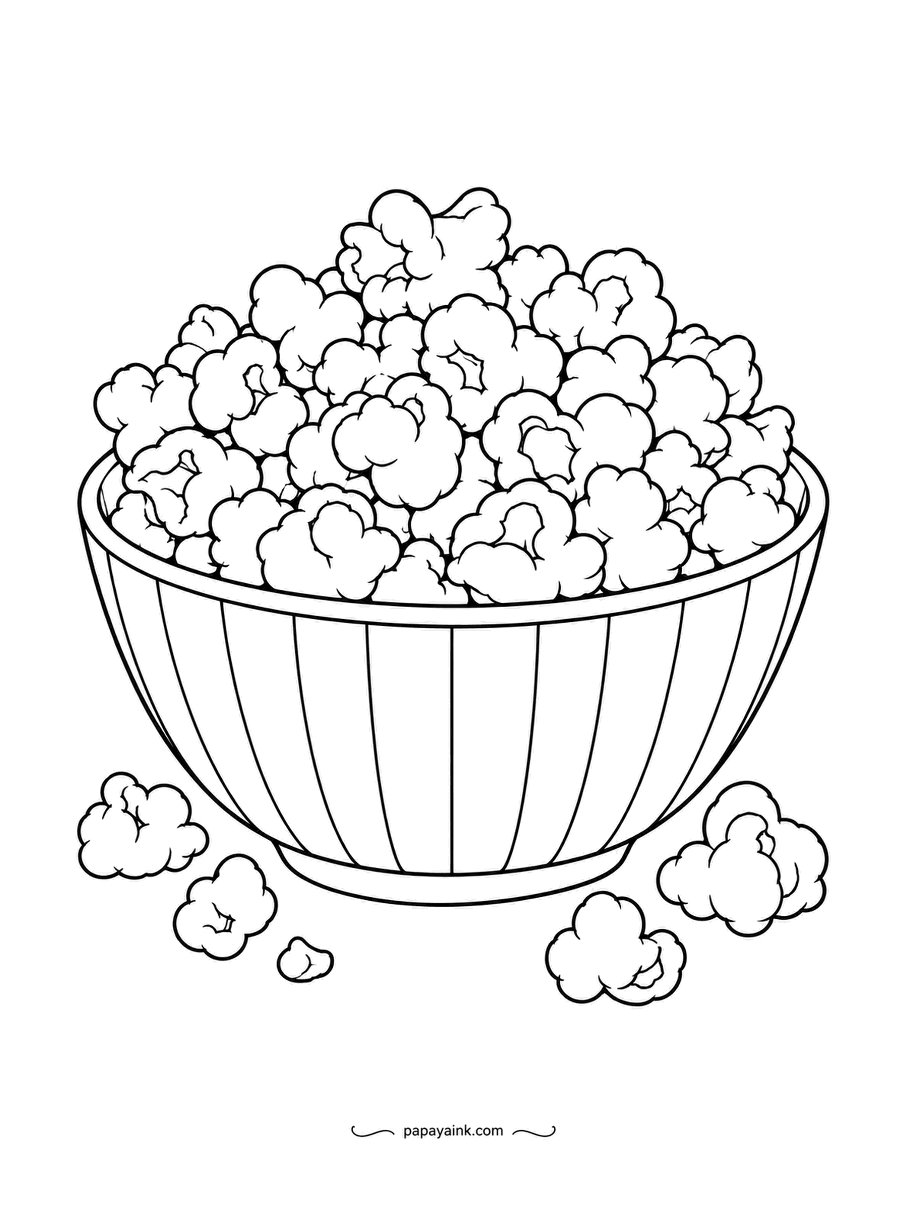 Food Coloring Pages - Popcorn piled over the rim of a striped bowl, with a few pieces that did not make it. Popcorn is mostly uncolored with a touch of butter, so the stripes are where to spend it - red and white is the movie classic.