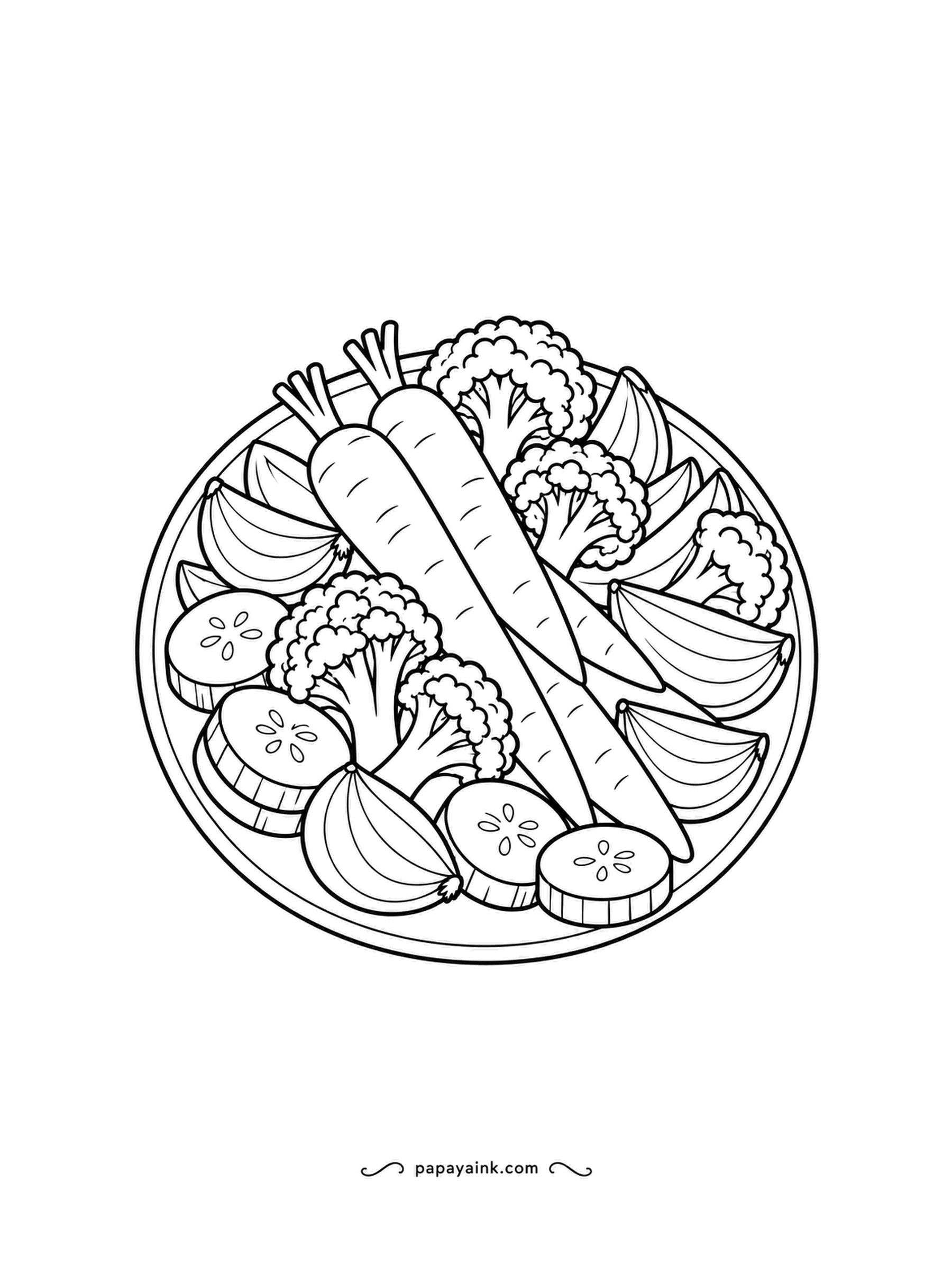 Food Coloring Pages - Roasted vegetable platter: whole carrots, broccoli, onion wedges and zucchini rounds laid out in a loose circle. Roasting darkens the edges, so put a toasted tip on each piece and keep the centers bright.