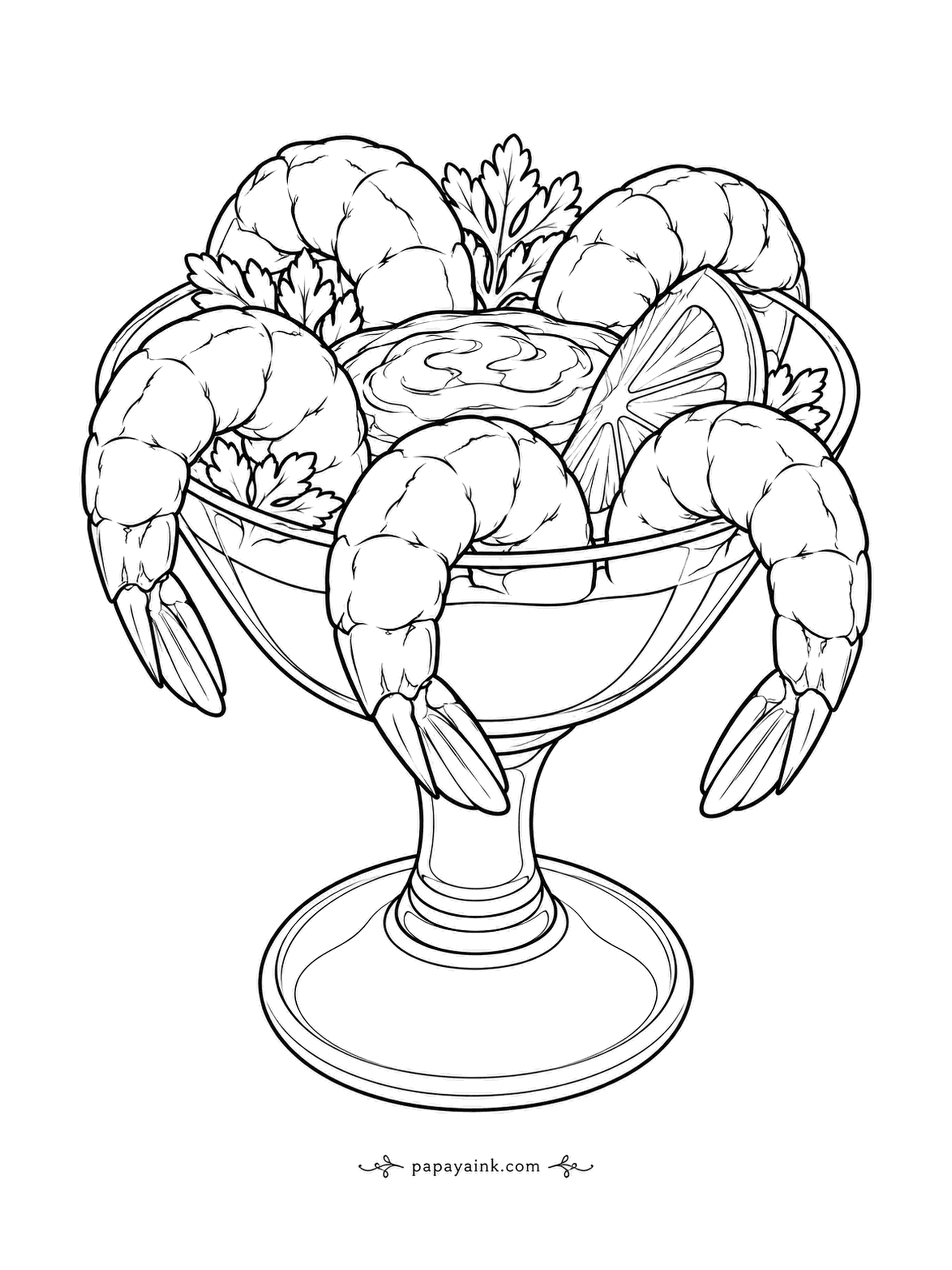 Food Coloring Pages - Shrimp cocktail served in a stemmed glass, the shrimp hooked over the rim with a lemon slice and a swirl of cocktail sauce in the middle. Shrimp are pink with orange bands; the glass is just a clear outline. Detailed.