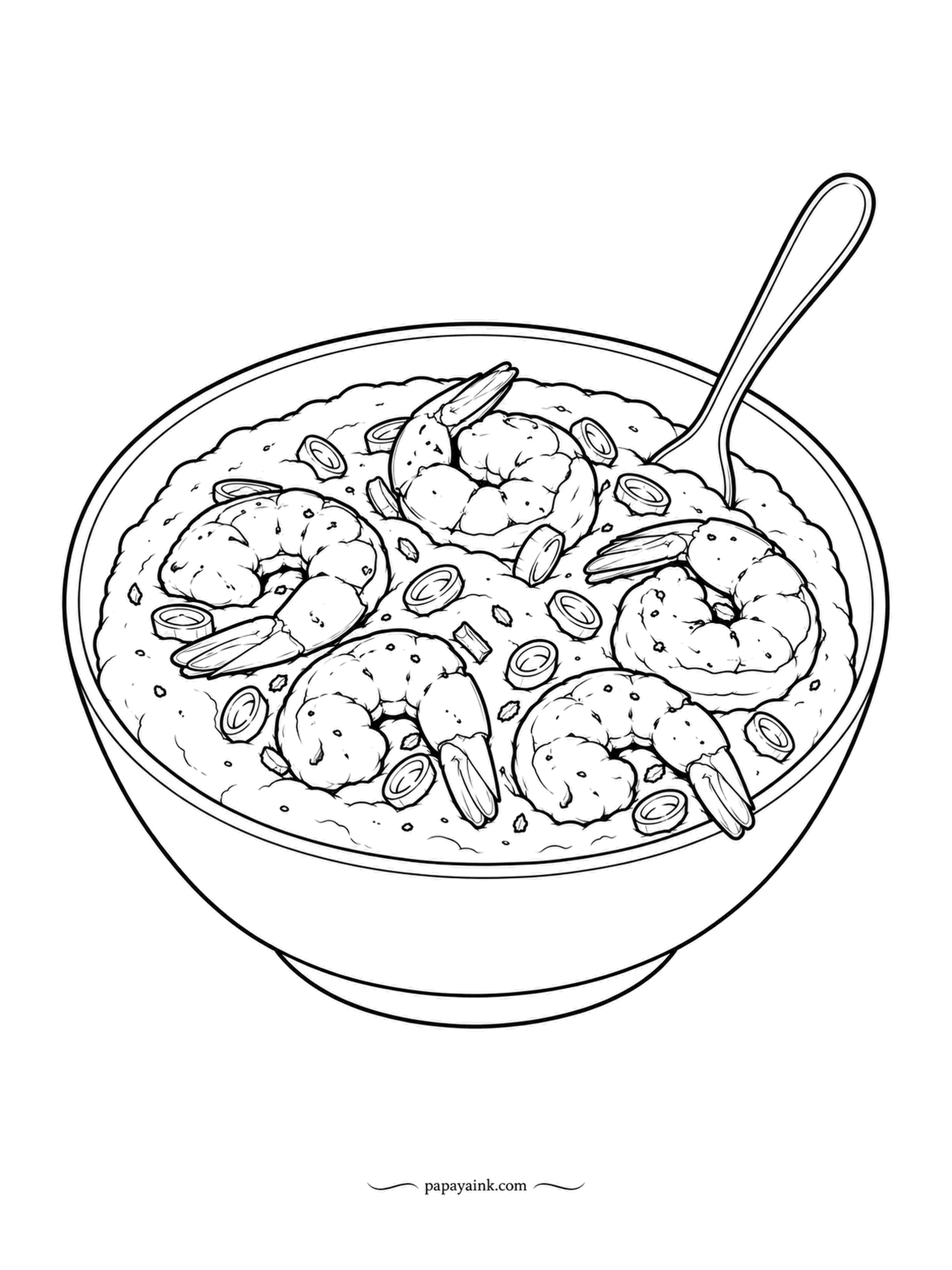 Food Coloring Pages - Curled on top of the grits, the shrimp in this wide bowl of shrimp and grits have sliced onions scattered over and a spoon ready. Grits are oatmeal-toned, the shrimp pink with orange stripes, and the onion rings vivid.