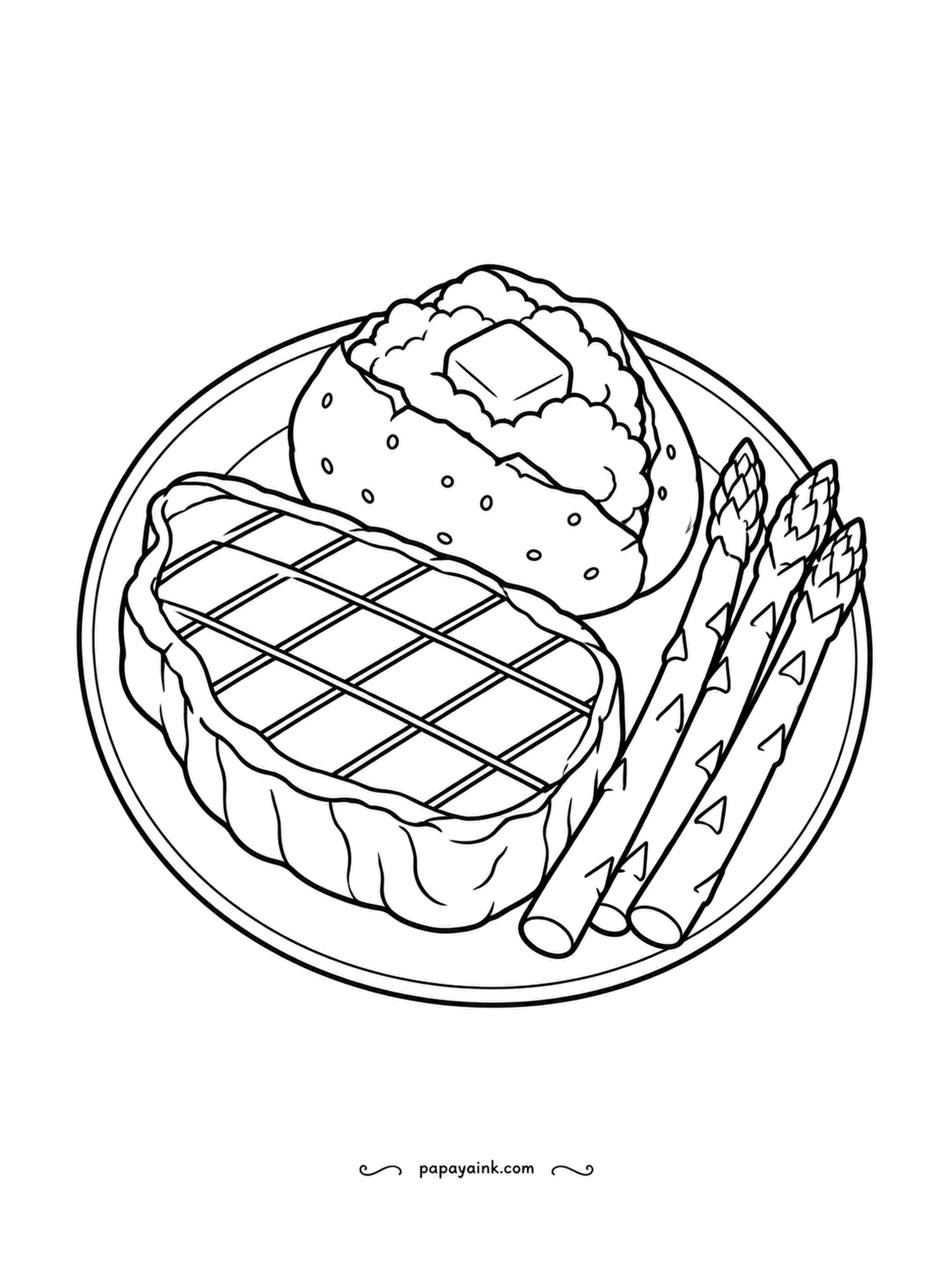 Food Coloring Pages - Steak dinner plate with crosshatch grill marks, a baked potato with butter on top and asparagus spears alongside. The grill marks go nearly black, the steak between them sits in a middle tone, and the potato skin is a light tan.