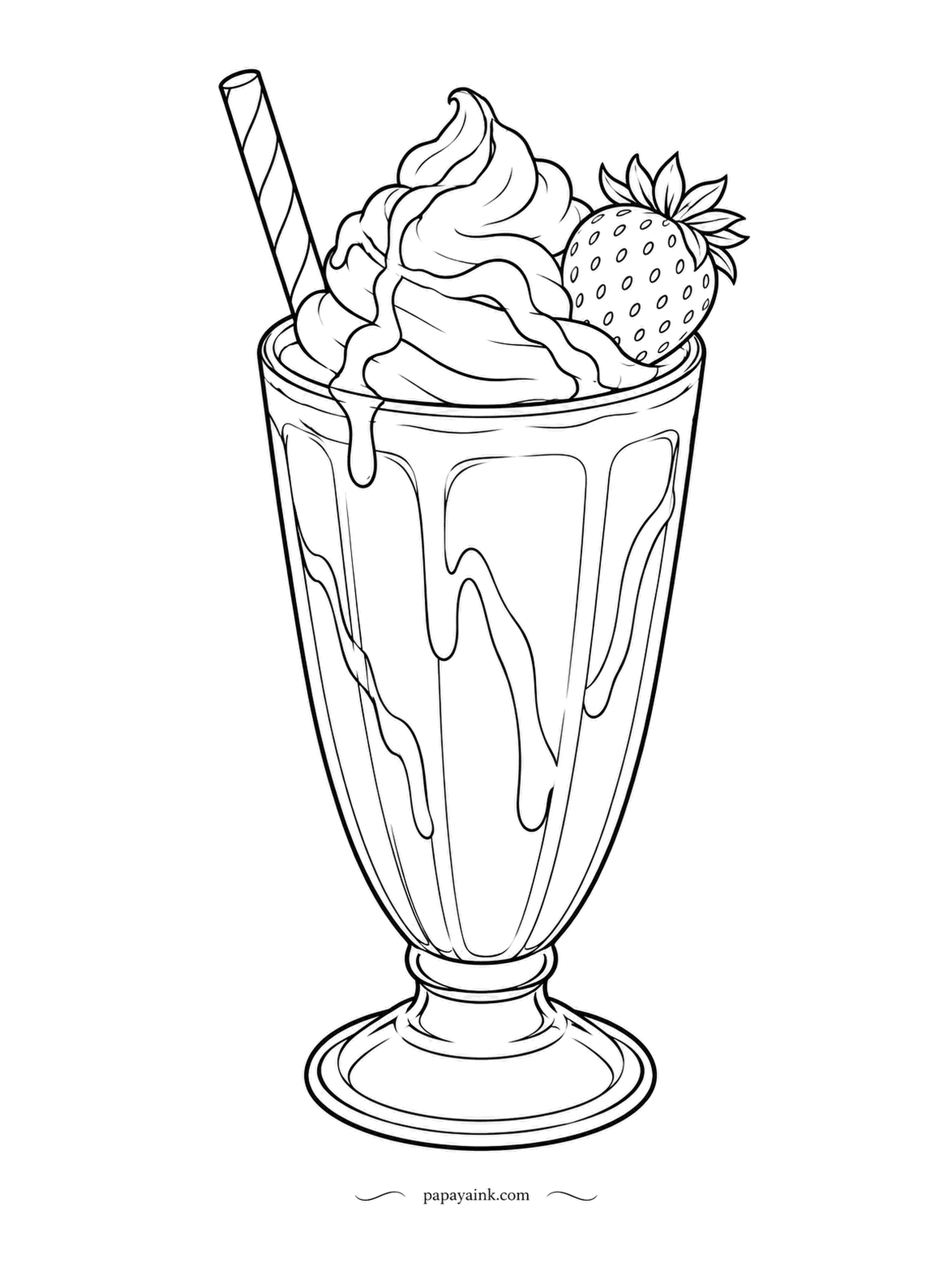 Food Coloring Pages - Pink all the way down: a strawberry milkshake in a tall glass, whipped cream swirled over the top, a strawberry on the rim and a striped straw. Go lighter on the drips along the glass.