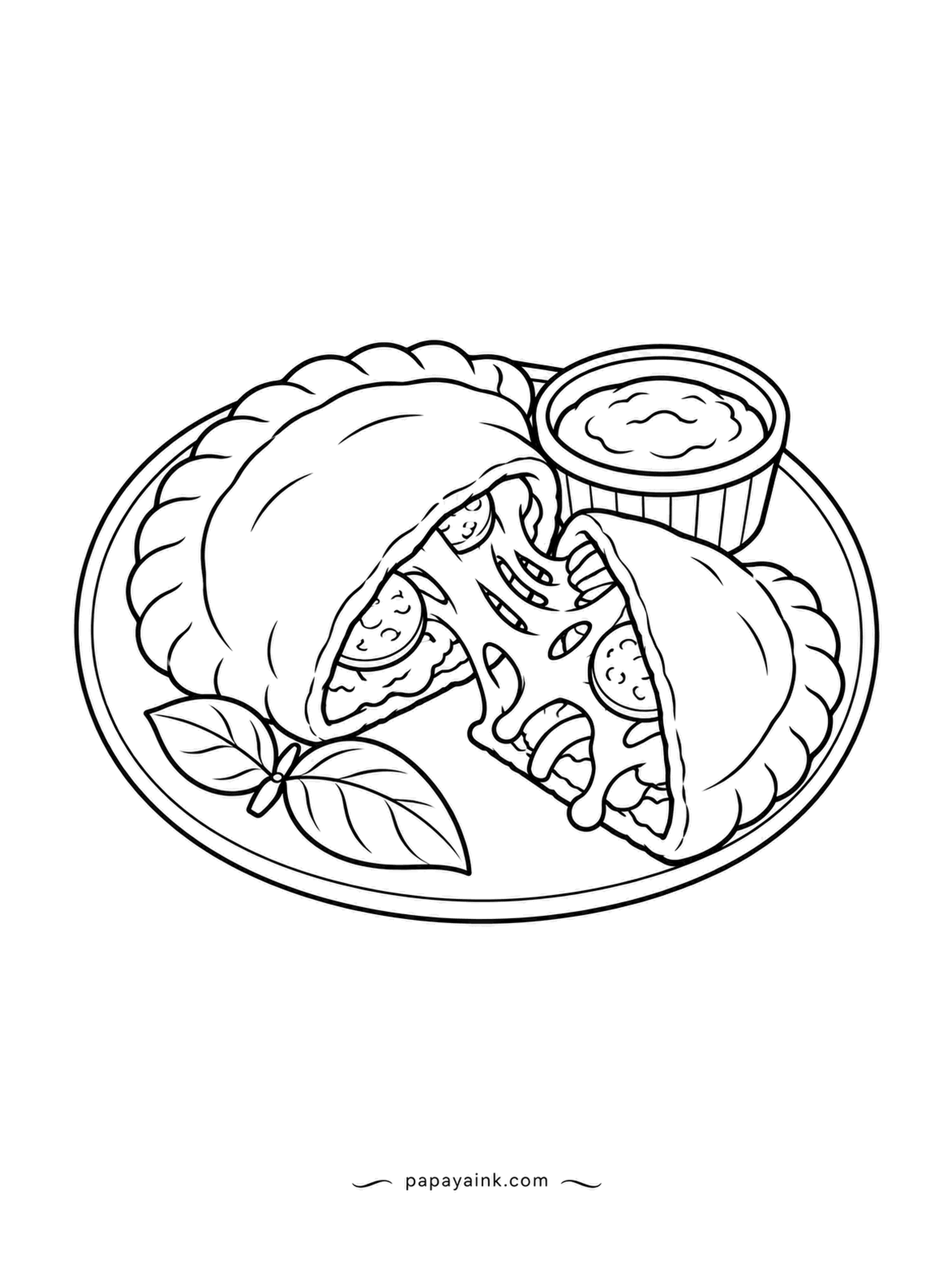 Food Coloring Pages - Sliced open so the pepperoni and cheese show, this stuffed calzone comes with a little cup of dipping sauce and basil leaves on the plate. The crimped edge is drawn like a pie crust - shade the ridges to show the fold.