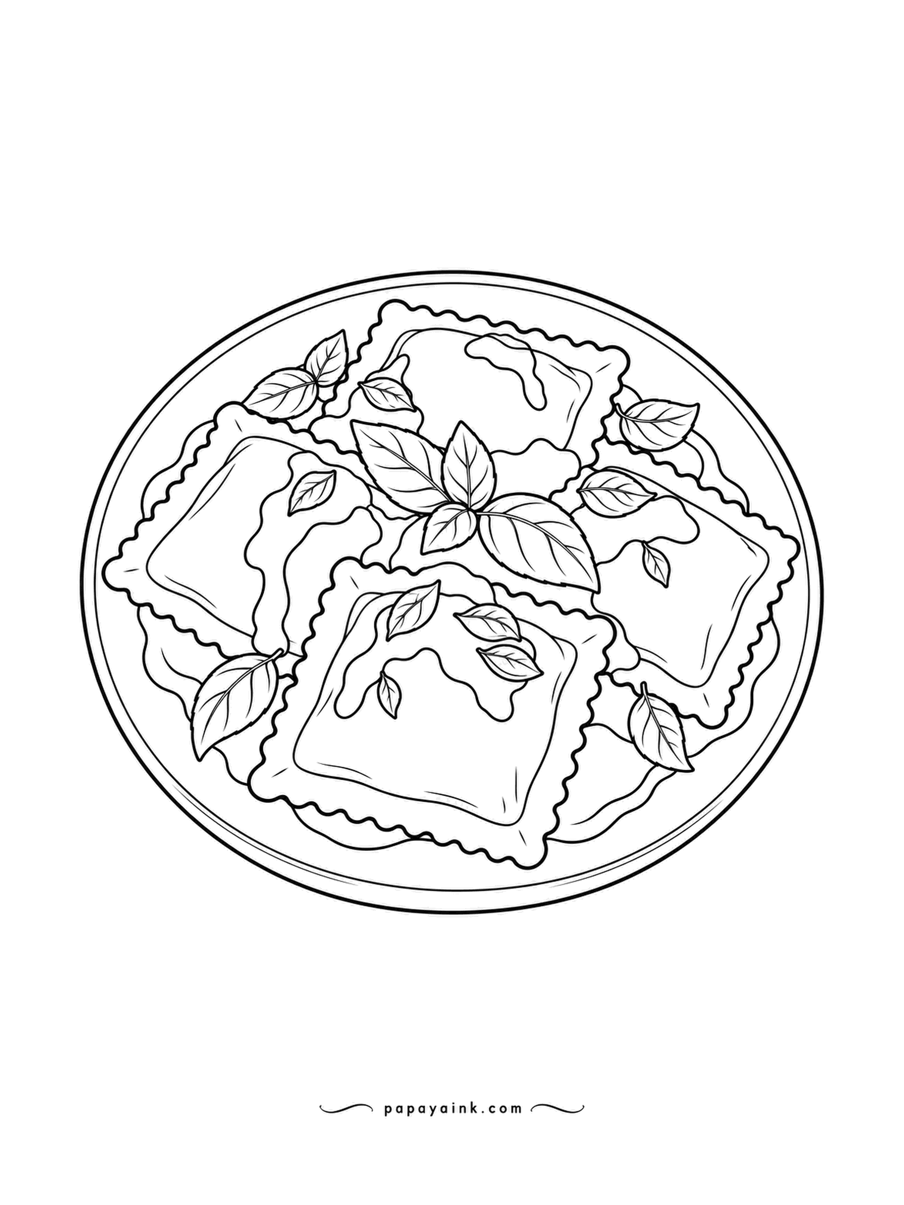 Food Coloring Pages - Stuffed ravioli on a plate, five square pillows with crimped edges and basil leaves tucked between them, sauce brushed over the top. Pasta is a pale gold, sauce is tomato red, and the basil is the single cool note on the plate.