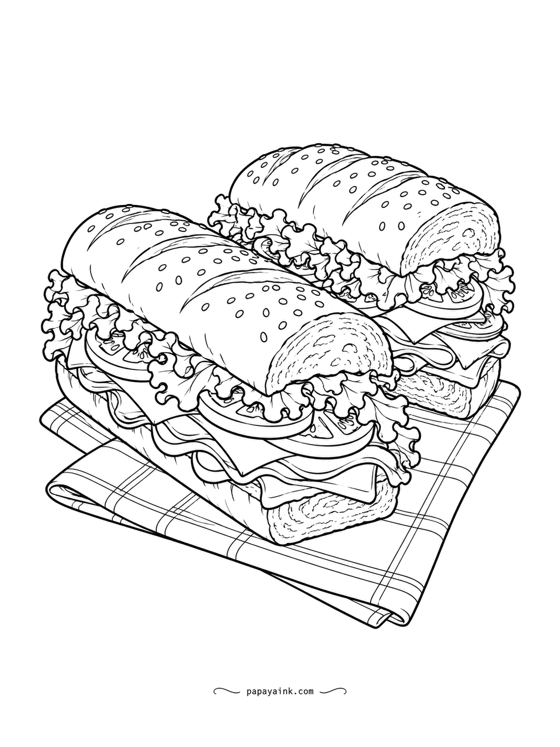 Food Coloring Pages - Two sub sandwiches on a checkered picnic cloth, each packed with lettuce, tomato and layers of deli meat and cheese under a sesame roll. The cloth is a good place to practice even stripes before tackling the sandwiches.