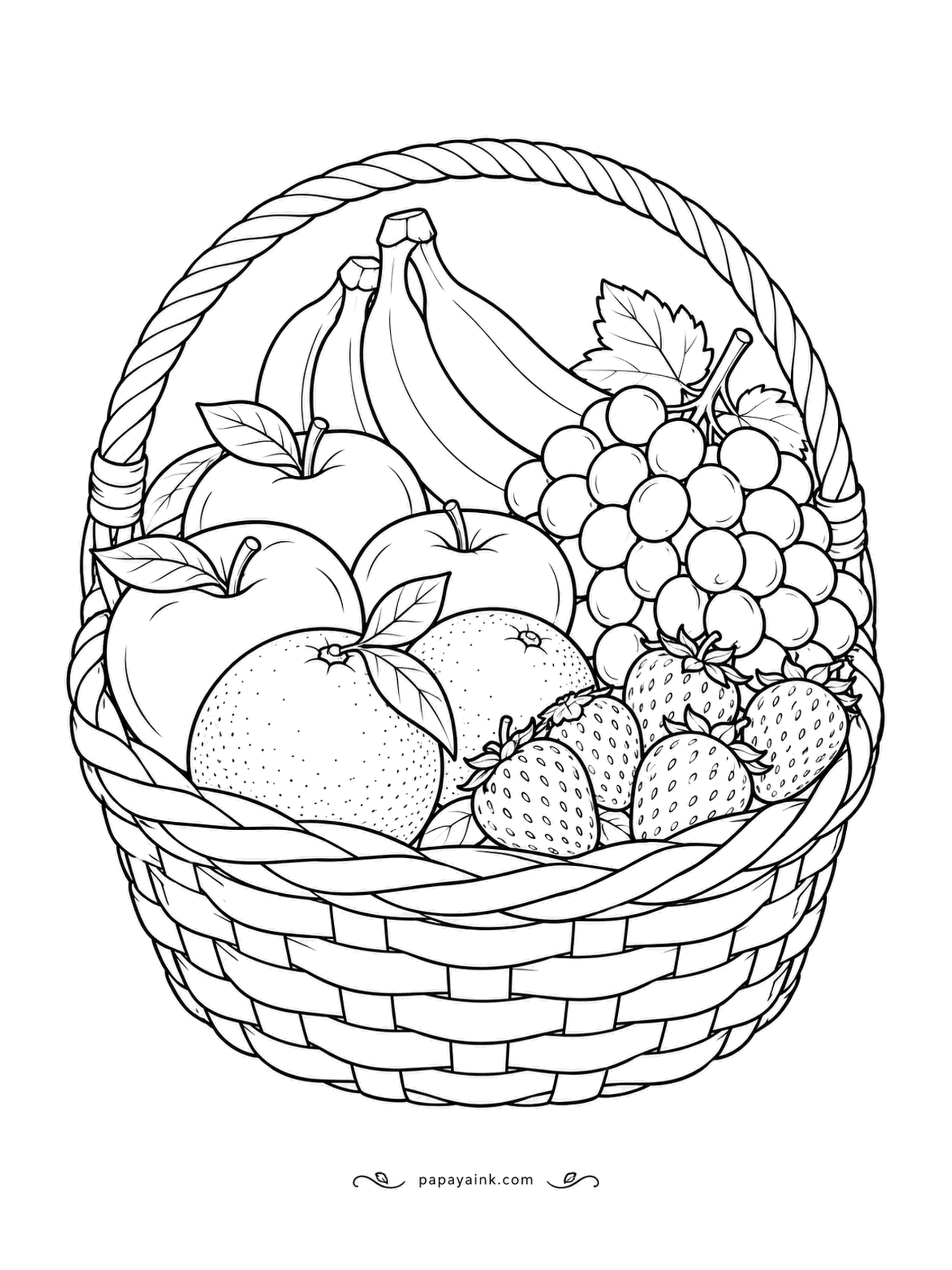 Food Coloring Pages - Summer fruit basket with bananas, apples, oranges, a bunch of grapes and strawberries piled high. The weave of the basket is drawn strand by strand. Fruit first, basket last - the basket takes the longest. Detailed.
