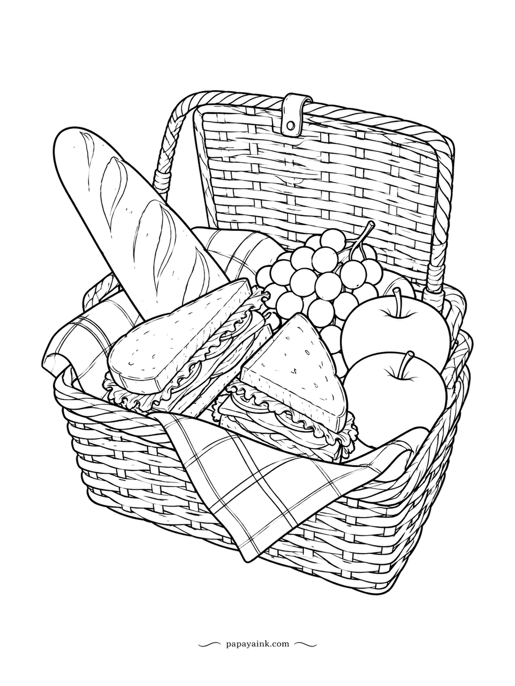 Food Coloring Pages - Lid open, the summer picnic basket shows a baguette, two sandwiches, grapes and apples with a checkered cloth tucked in. The basket weave is drawn in full, so this is a long one. Detailed.