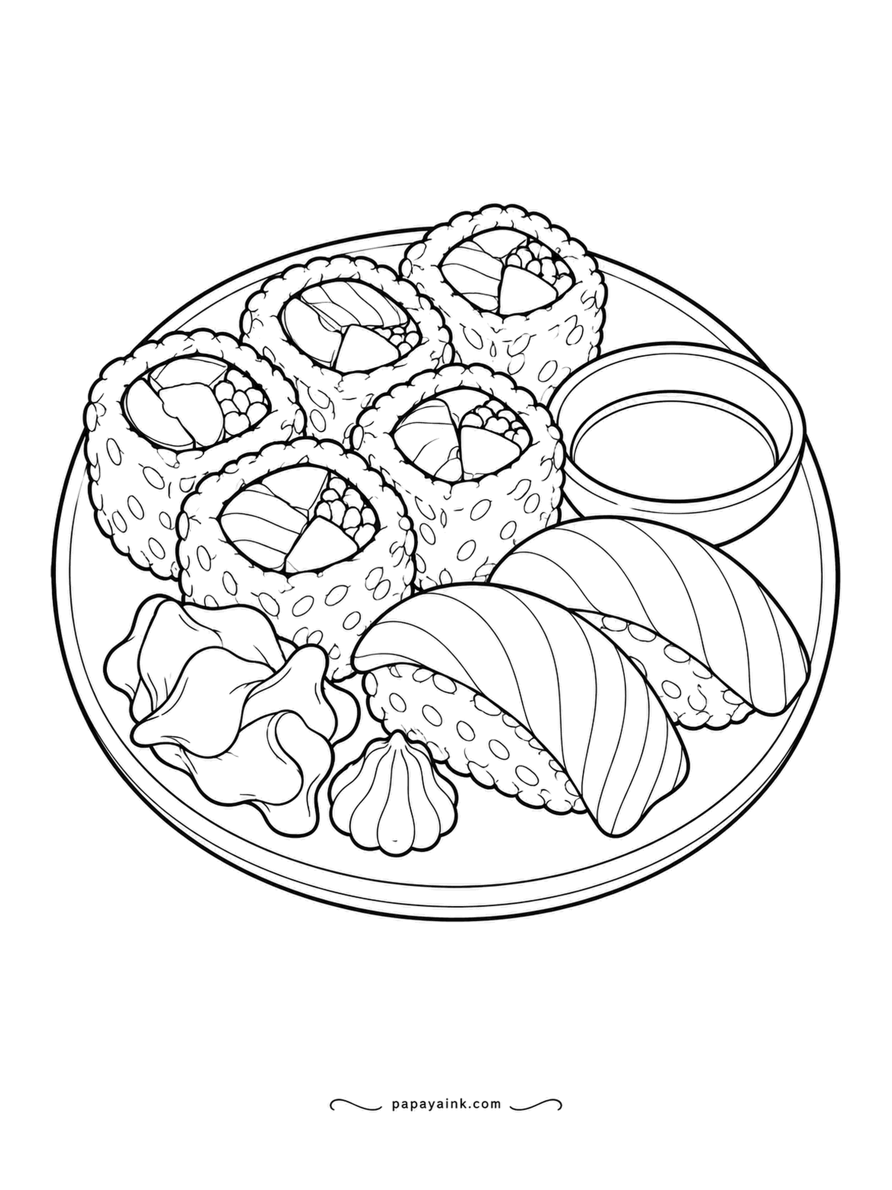 Food Coloring Pages - Sushi sampler plate: rolls with sesame seeds, two pieces of salmon nigiri, pickled ginger, wasabi and a dish of soy sauce. Orange salmon, white rice, a pale pink for the ginger and a sharp green for the wasabi.