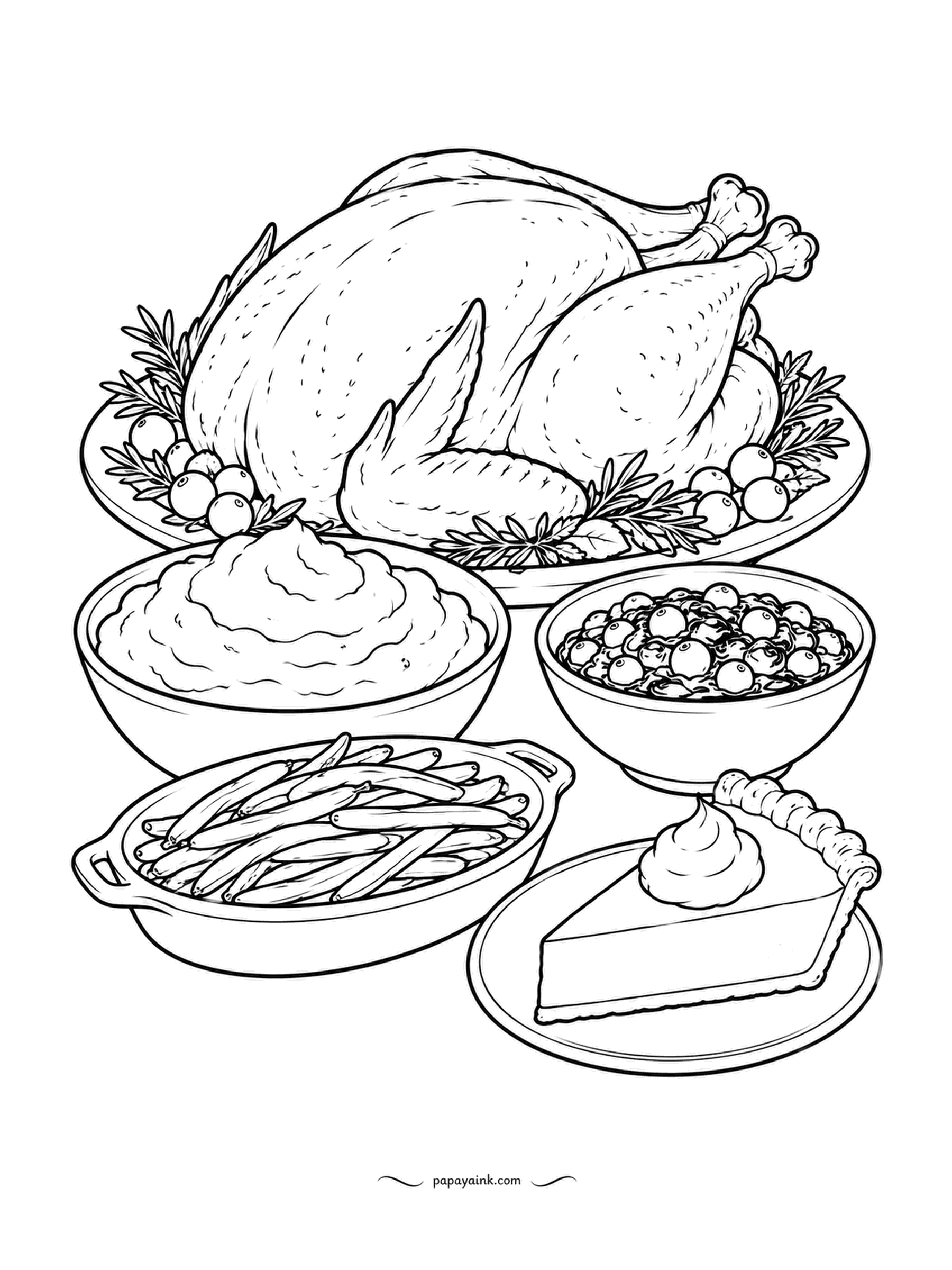 Food Coloring Pages - Turkey on its platter, surrounded by bowls of mashed potatoes, cranberry sauce, green beans and a slice of pumpkin pie: the Thanksgiving dinner spread. A whole table on one page - work bowl by bowl and save the turkey for last.