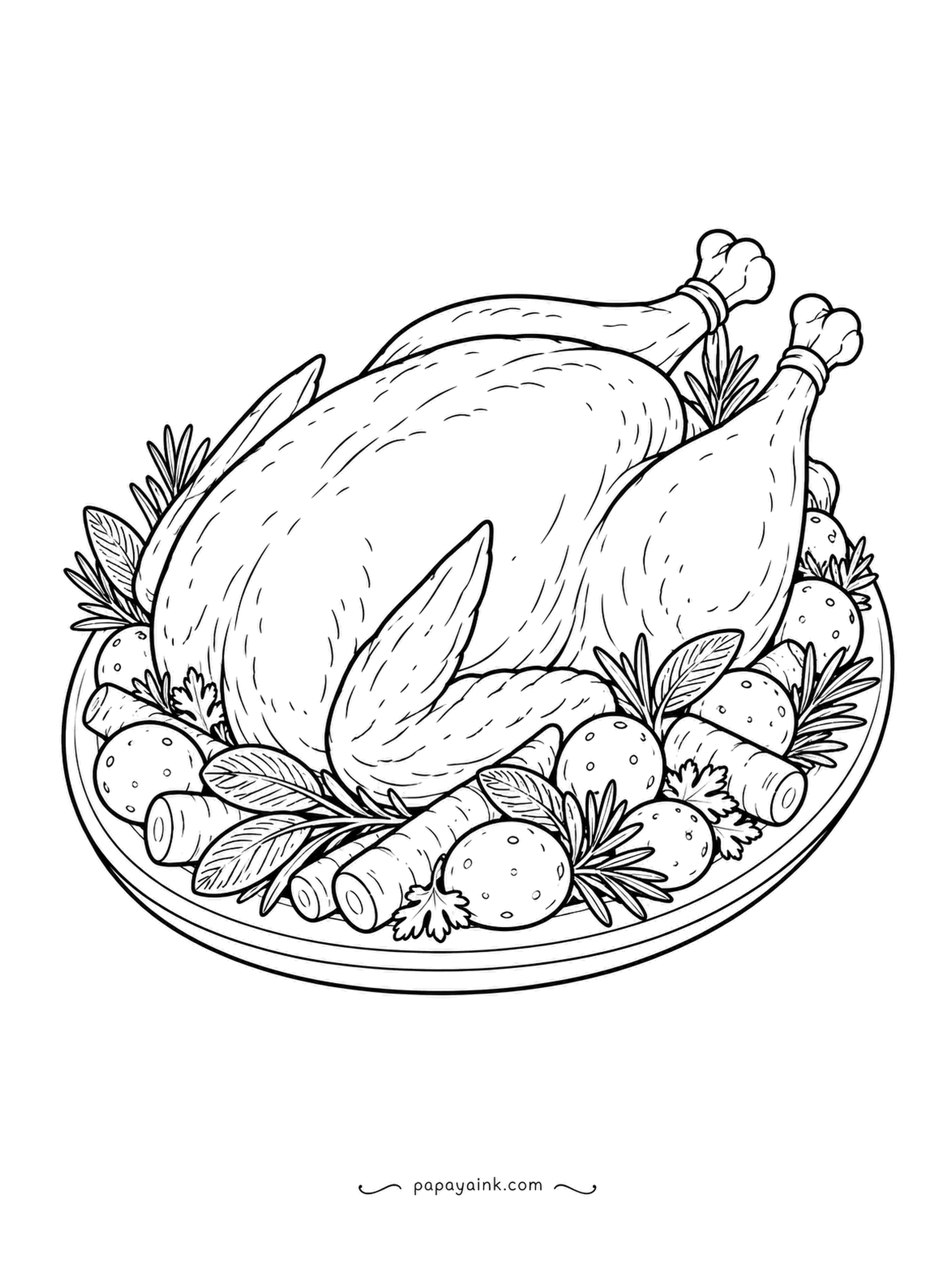 Food Coloring Pages - Thanksgiving roast turkey on a platter, surrounded by roasted carrots, potatoes and sprigs of rosemary. The skin is the point: build it from light gold to a deep brown at the top of the breast and the drumsticks. Detailed.