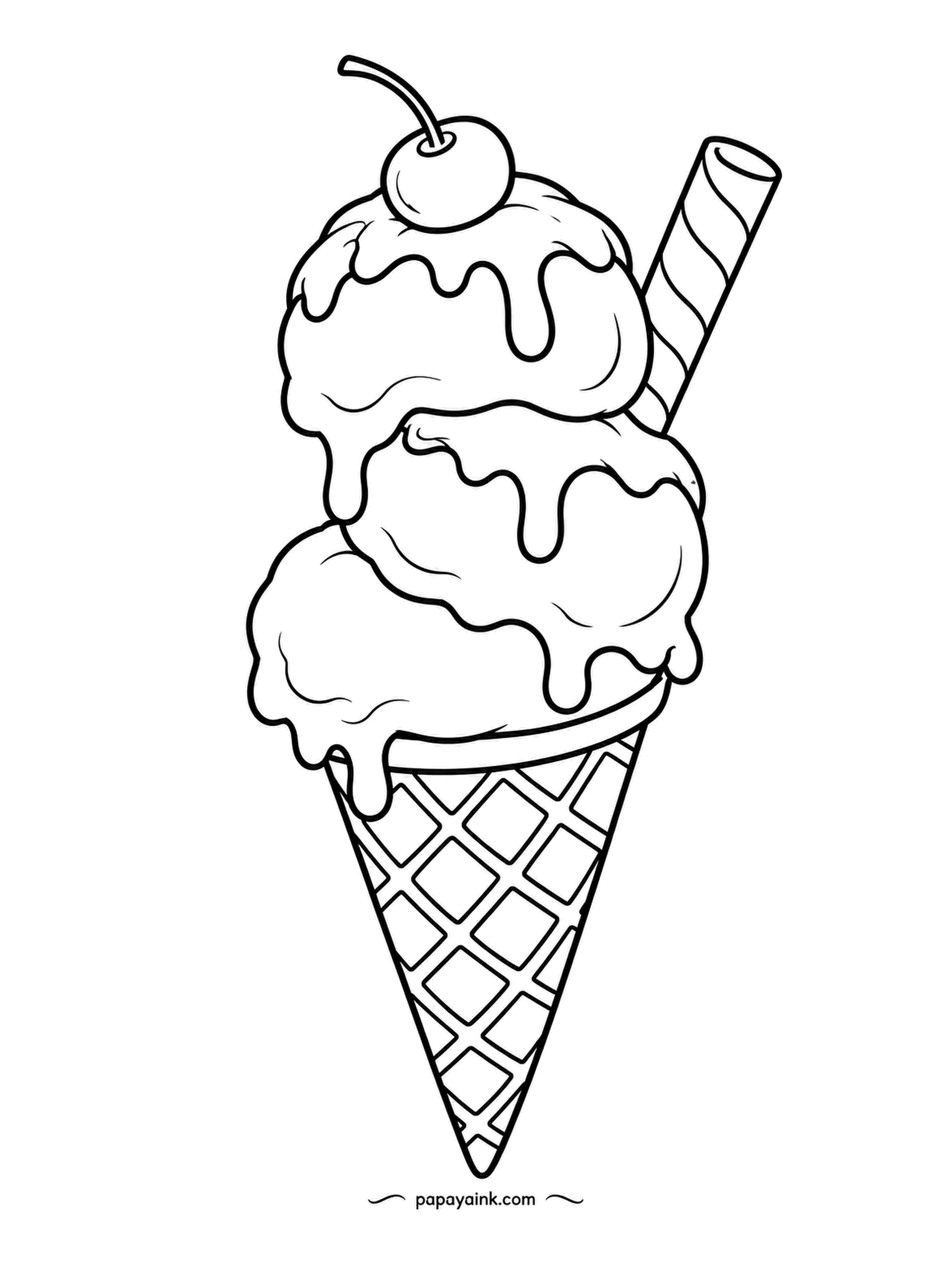 Food Coloring Pages - Triple-scoop ice cream cone with a cherry on top and a wafer straw stuck in the side. Each scoop drips onto the one below. Three flavors means three colors - chocolate, strawberry and vanilla is the traditional order, but nobody is checking.