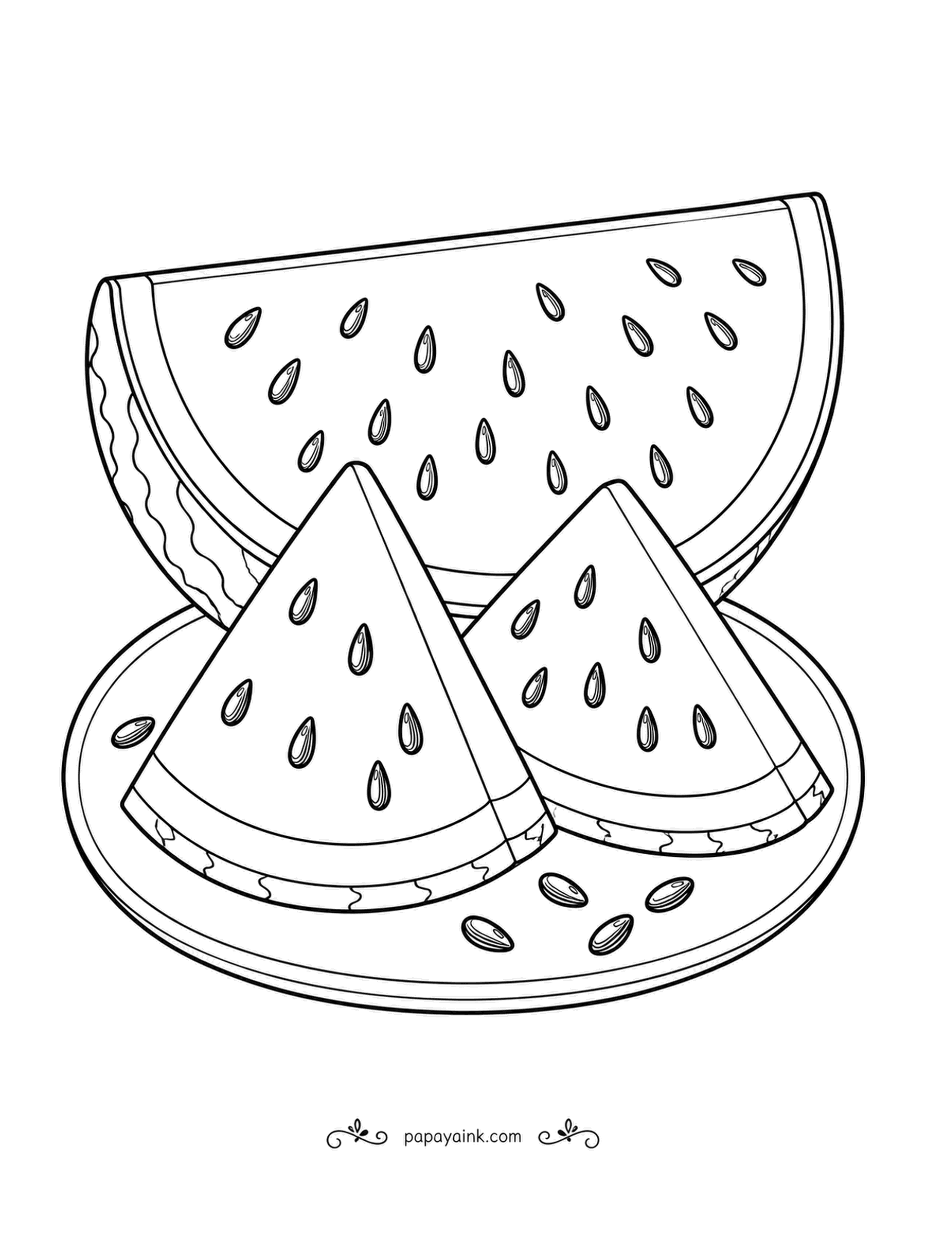 Food Coloring Pages - Watermelon picnic slices, one big half-moon behind two wedges on a plate, with seeds spilled around. Bright red flesh, a thin white rind, and a striped skin. Keep the seeds black.