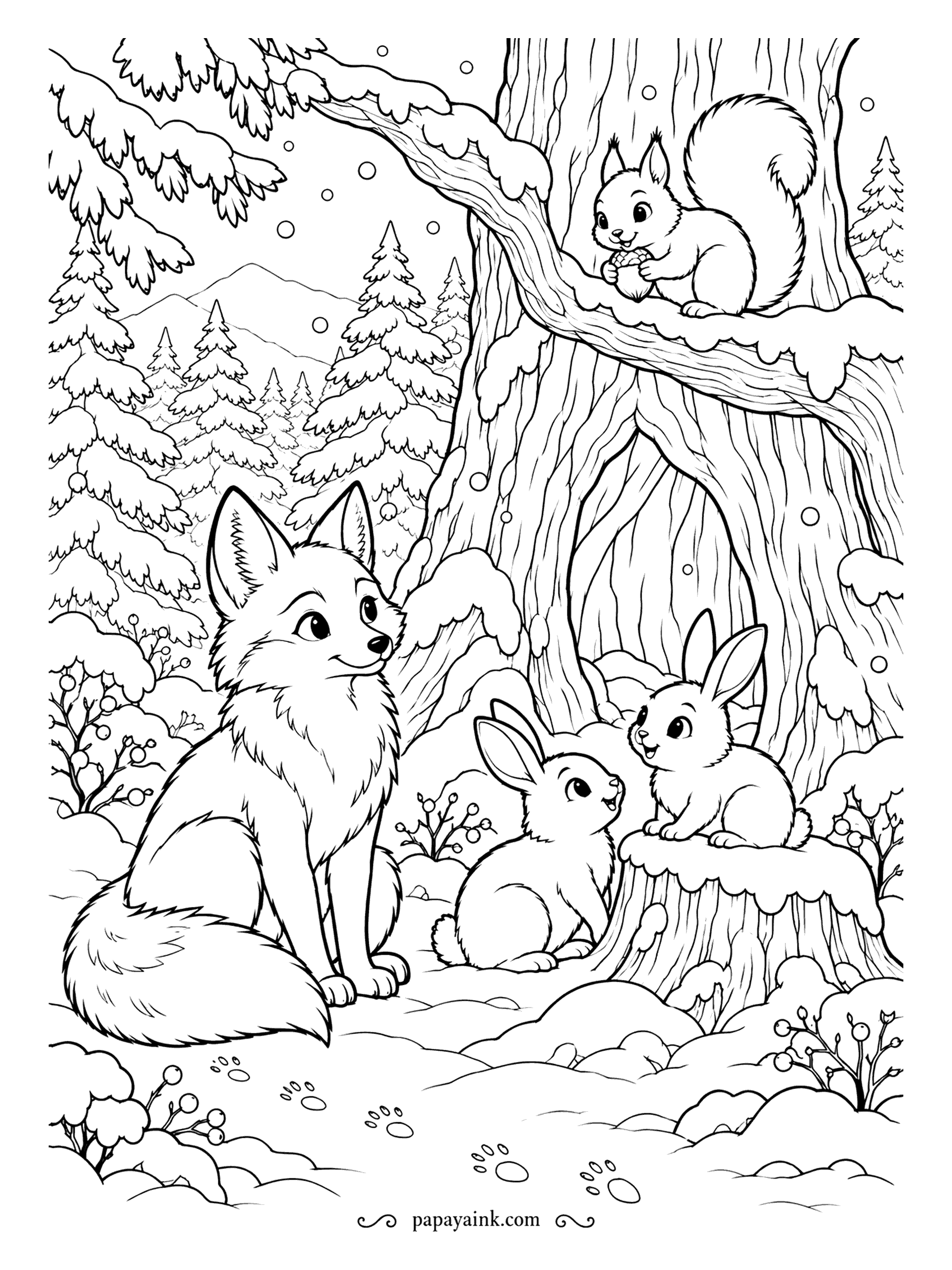 Free Printable Winter Coloring Pages - A fox, two rabbits and a squirrel with an acorn share one big tree with a hollow at its base. Snow sits on every branch and tracks cross the foreground. Fur gives you three textures on one sheet; start with the fox tail.