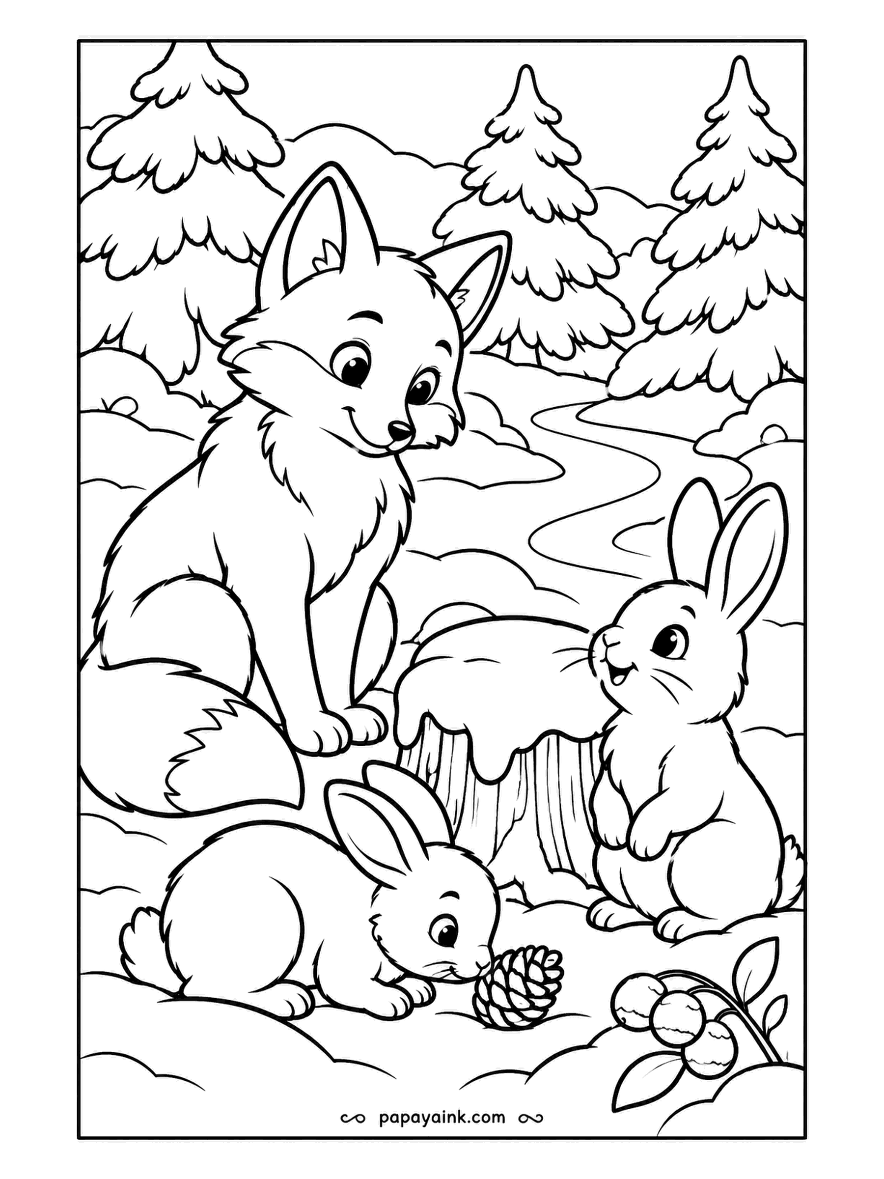 Free Printable Winter Coloring Pages - A young fox and two rabbits meet at a stump, one rabbit nose-down on a pinecone, with a frozen stream winding off between the firs. A sprig of berries sits in the corner. Fox in orange, rabbits in gray or left white.