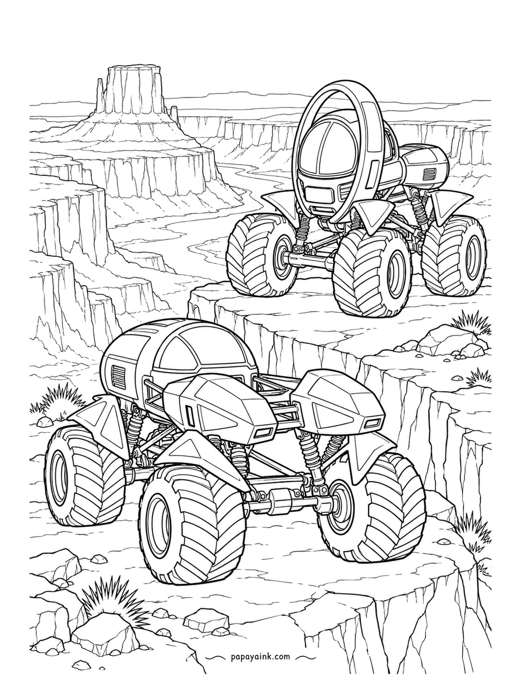 Monster Truck Coloring Pages - Overlook above a winding canyon river: the forked-capsule rover on the lower ledge, a ring-cabbed truck one shelf higher. Layered cliffs fill the background. Detailed - plan on a long sitting and sharp pencils.
